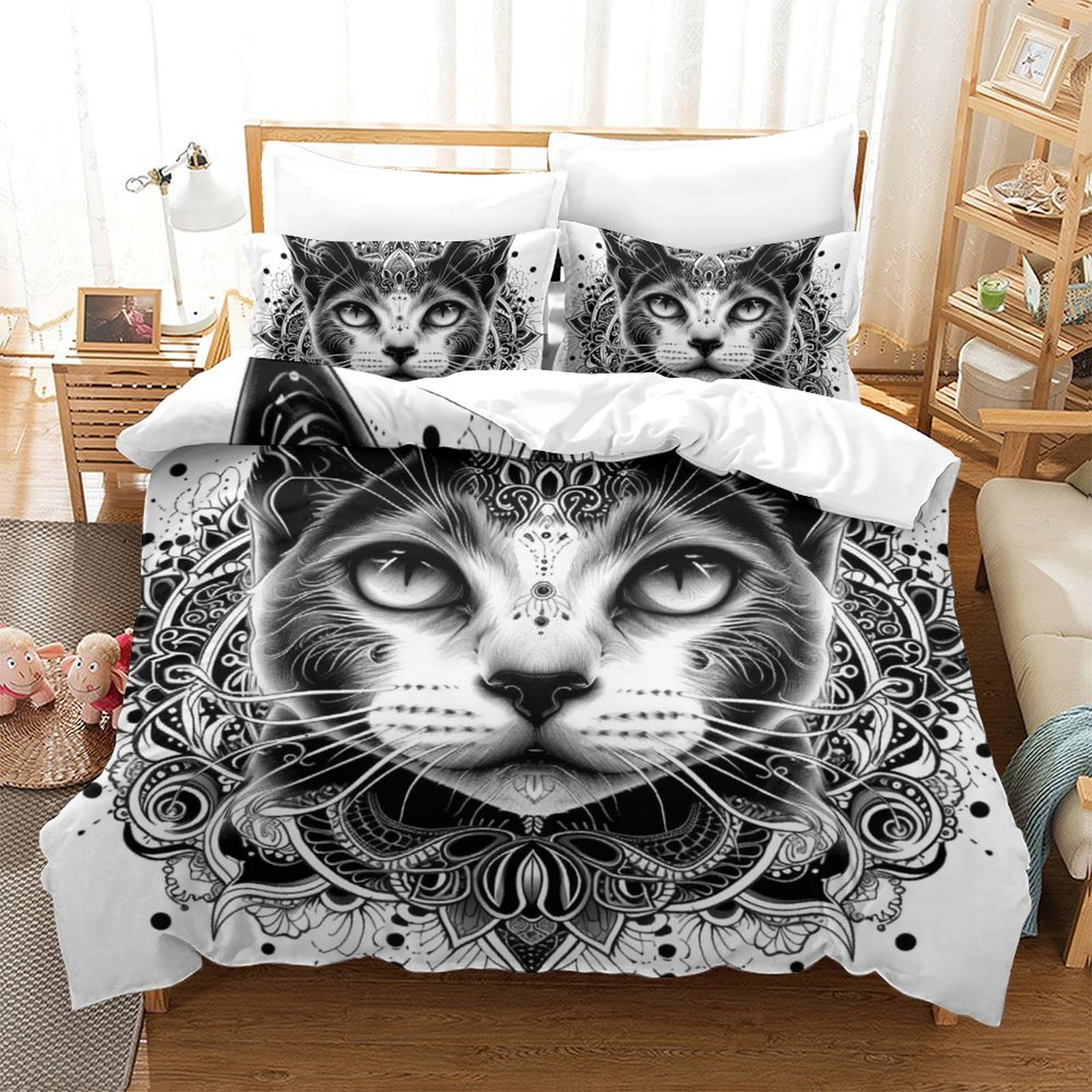 Ensemble de literie chat 3D avec housse de couette microfiber 220x240 et fermeture éclair