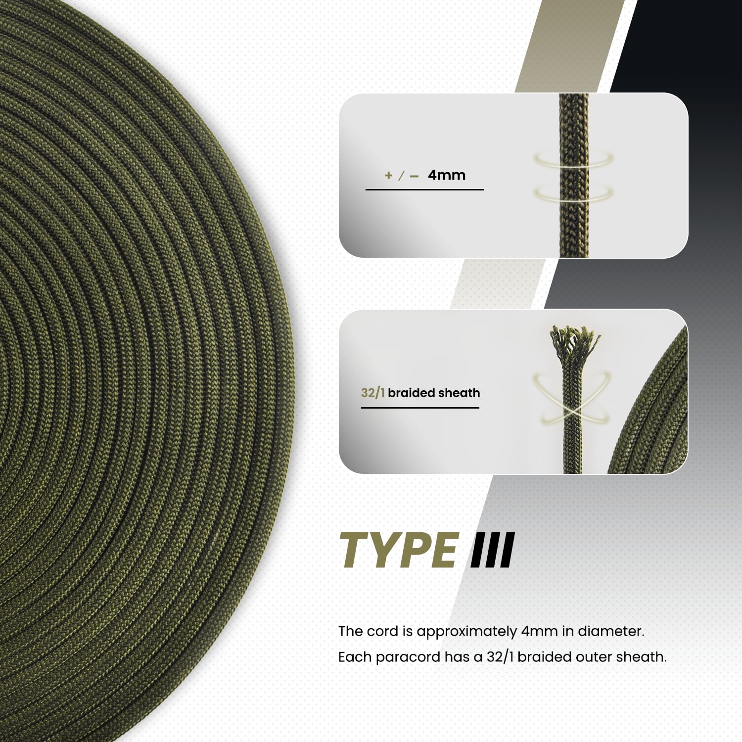 Abma Cord Paracord 550 4mm 100m 100% Nylonowa Sznurek Linka Typ III 7-żyłowa do Biwakowania, Majsterkowania, Zewnątrz, Survivalowy - Max. 250kg (550lb) - Czarny