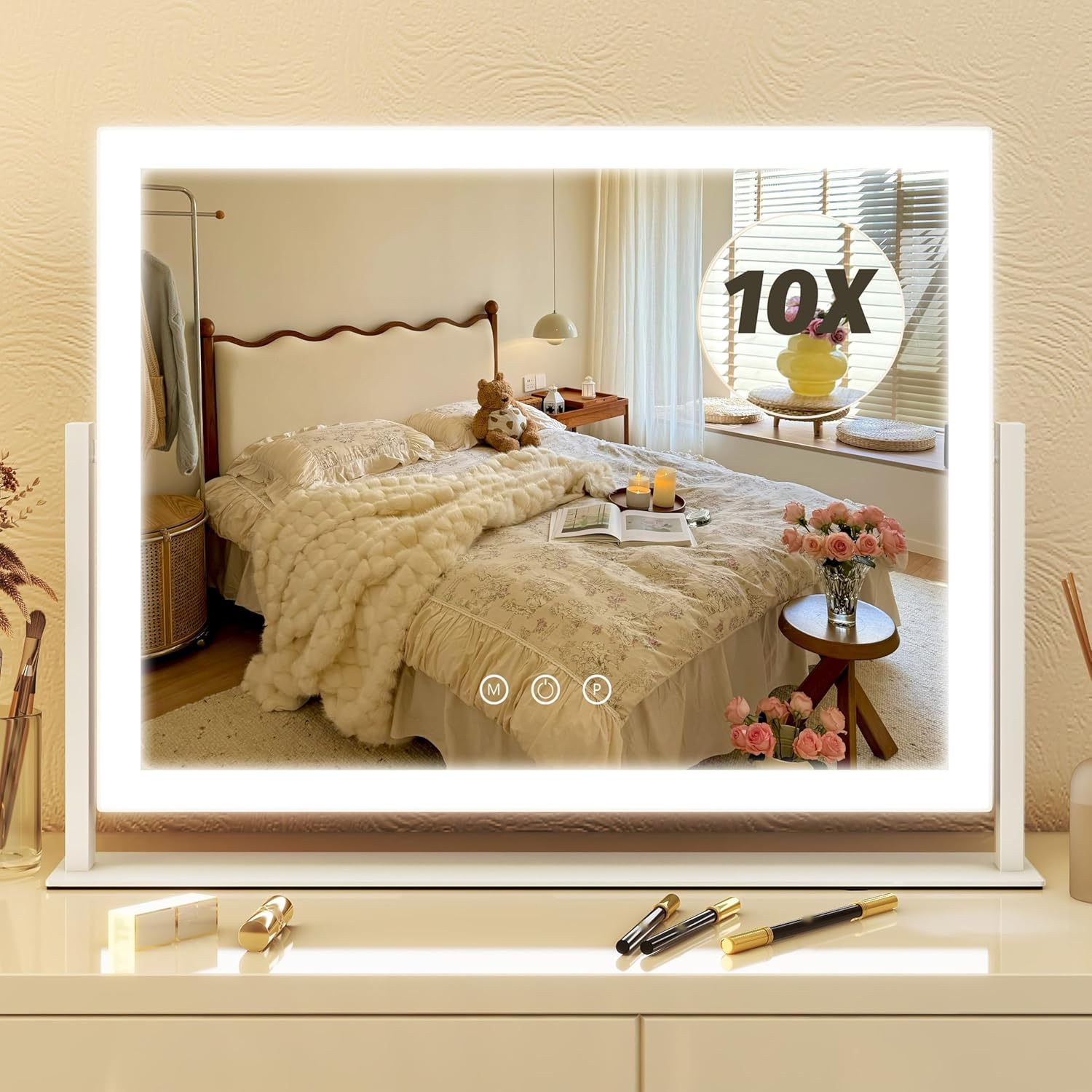 FENNIO Vanity Mirror with Lights 13'' x 17'' Makeup Mirror with Lights,Vanity Mirror Touch Screen with 3-Color Lighting,Dimmable,for Vanity Desk Bedroom White White 16.5"L x 12.5"W