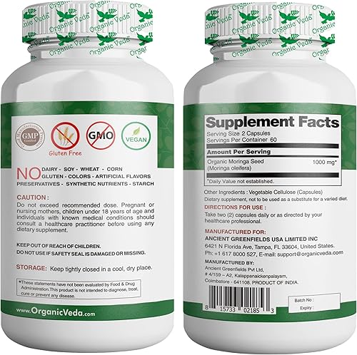 Miniatura 2 de Organic Veda Cápsulas de semillas de moringa, 1000 mg  Polvo de semillas de moringa 100% natural con nutrientes, antioxidantes, vitaminas, minerales