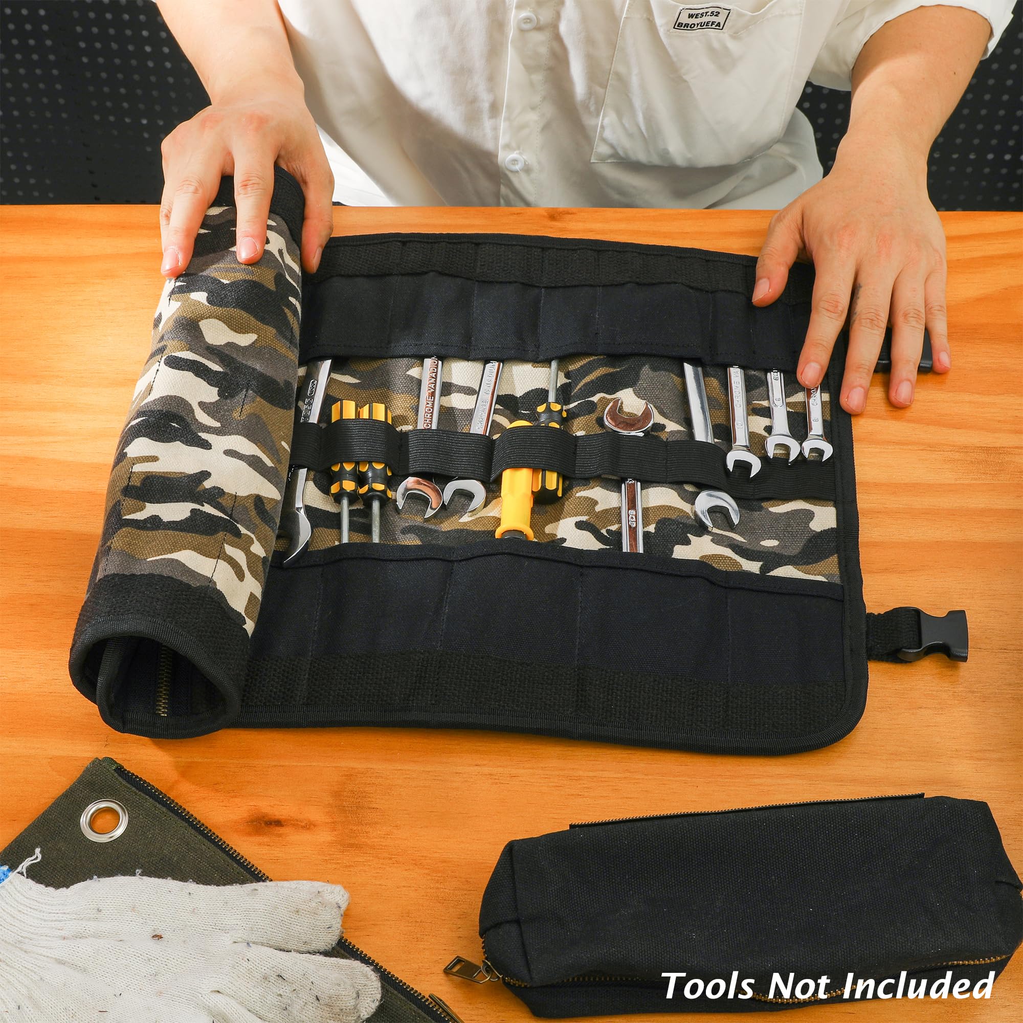 Rotolo per attrezzi da 453,6 g, in tela cerata, arrotolabile, borsa porta attrezzi (23 tasche e manico portatile), portautensili per falegnami meccanici, 66 x 33 cm, mimetico
