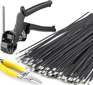 Metal Zip Ties Black,With Special Fastening And Cutting Tools,150 Pcs 11.8 Inch,Multi-Purpose Stainless Steel Cable Ties, Suitable For Agricultural Fencing, Garden Chain Link Fence Fixing, Pipe Tying.