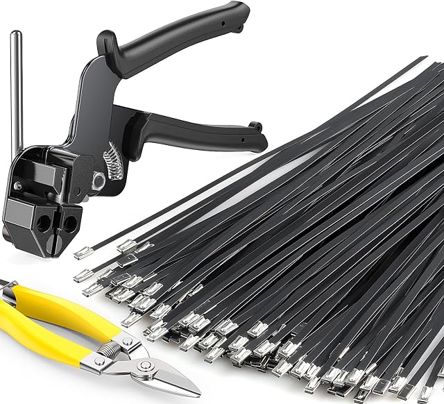 Metal Zip Ties Black,With Special Fastening And Cutting Tools,150 Pcs 11.8 Inch,Multi-Purpose Stainless Steel Cable Ties, Suitable For Agricultural Fencing, Garden Chain Link Fence Fixing, Pipe Tying.