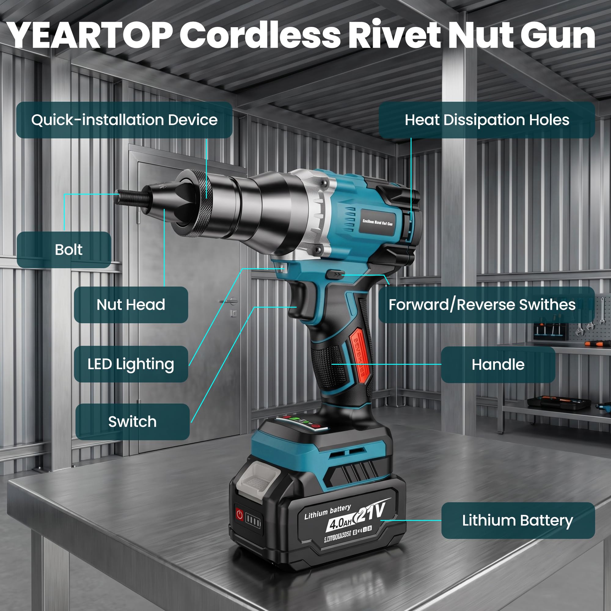 YEARTOP Herramienta de tuerca remache inalámbrica de 20 V, sin escobillas, pistola eléctrica profesional para M6 M8 M10, herramienta de remachado roscado con 2 baterías de 4.0 Ah, cargador estándar