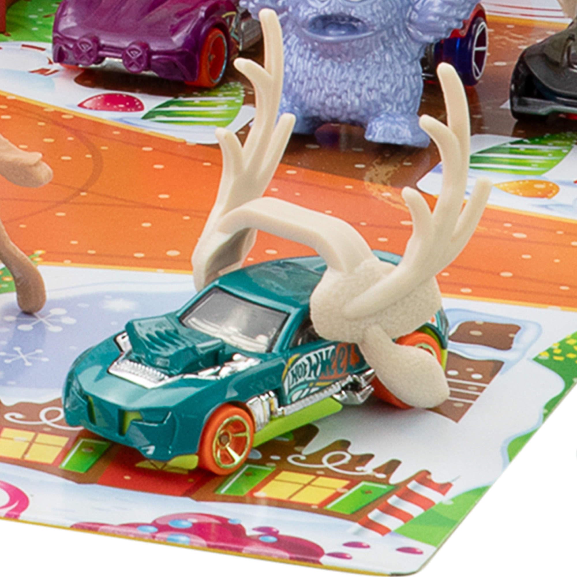 Hot Wheels - Calendario dell'Avvento 2025, 24 finestrelle numerate con sorprese a tema Natale, 10 macchinine, 10 clip e 14 accessori inclusi, giocattolo per bambini, 3+ anni, JCB47