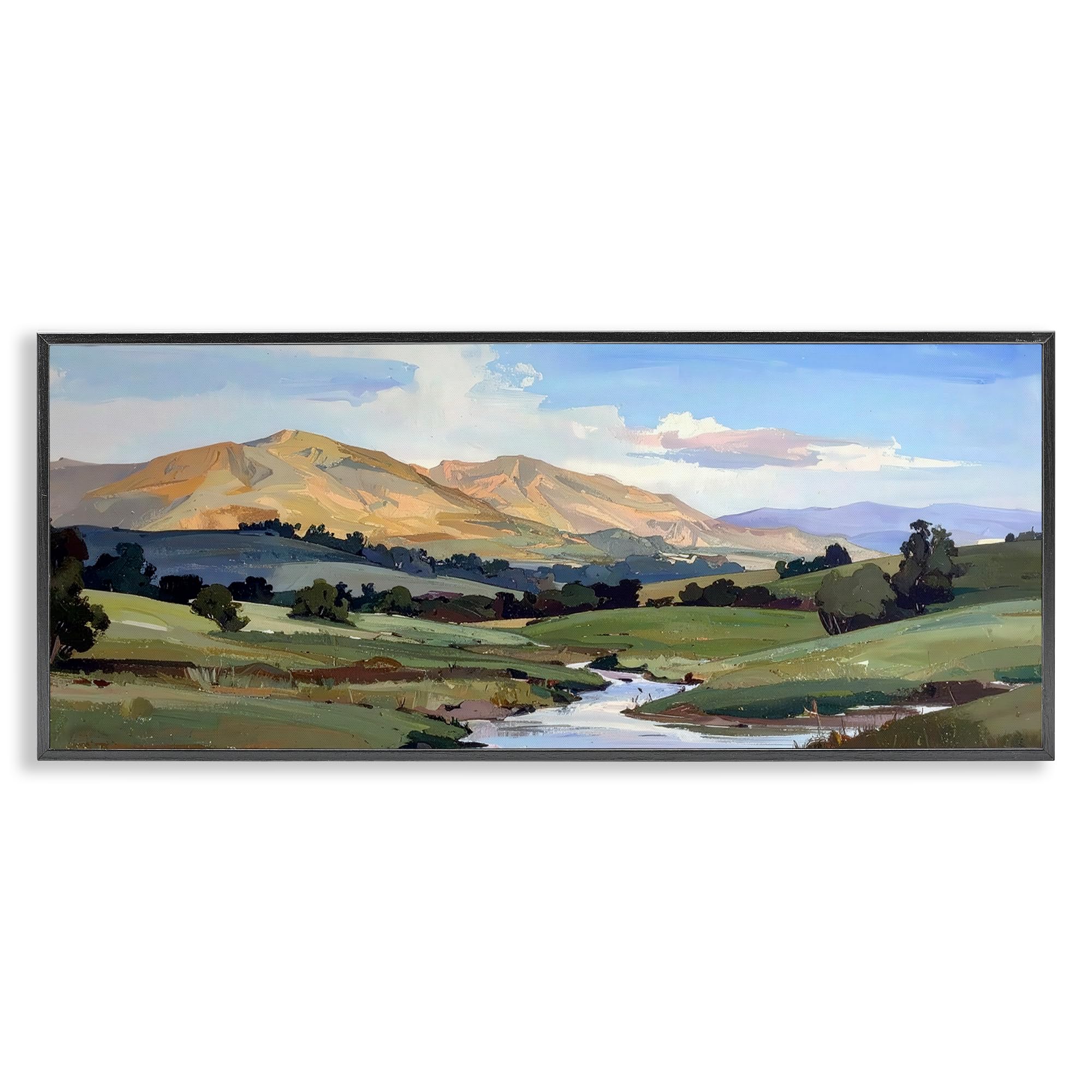 Stupell Industries Midnight Black (Textured) Winding River Valley Landscape Serenity, 13 X 30 Inch Framed Giclée Print