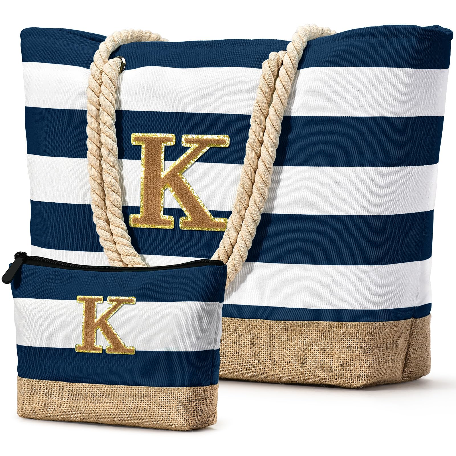 Becokan Beach Bag Initial Beach Tote with Makeup Bag for Travel Work Storage Personalized Birthday Gifts for Women Her