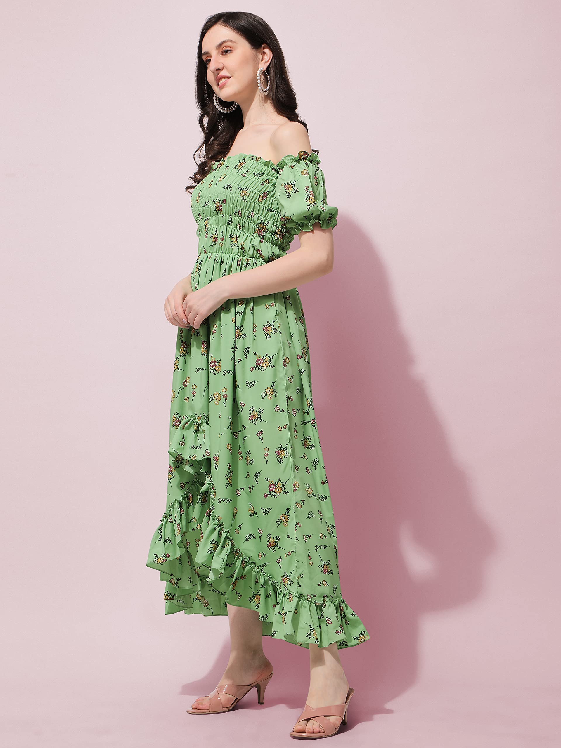 Oomph Flared Dress For Women Stylish | Long One Piece For Women | Off Shoulder Puff Sleeve Long Dress | Floral Print Maxi One Piece | Western & Fusion Wear Bohemian Style