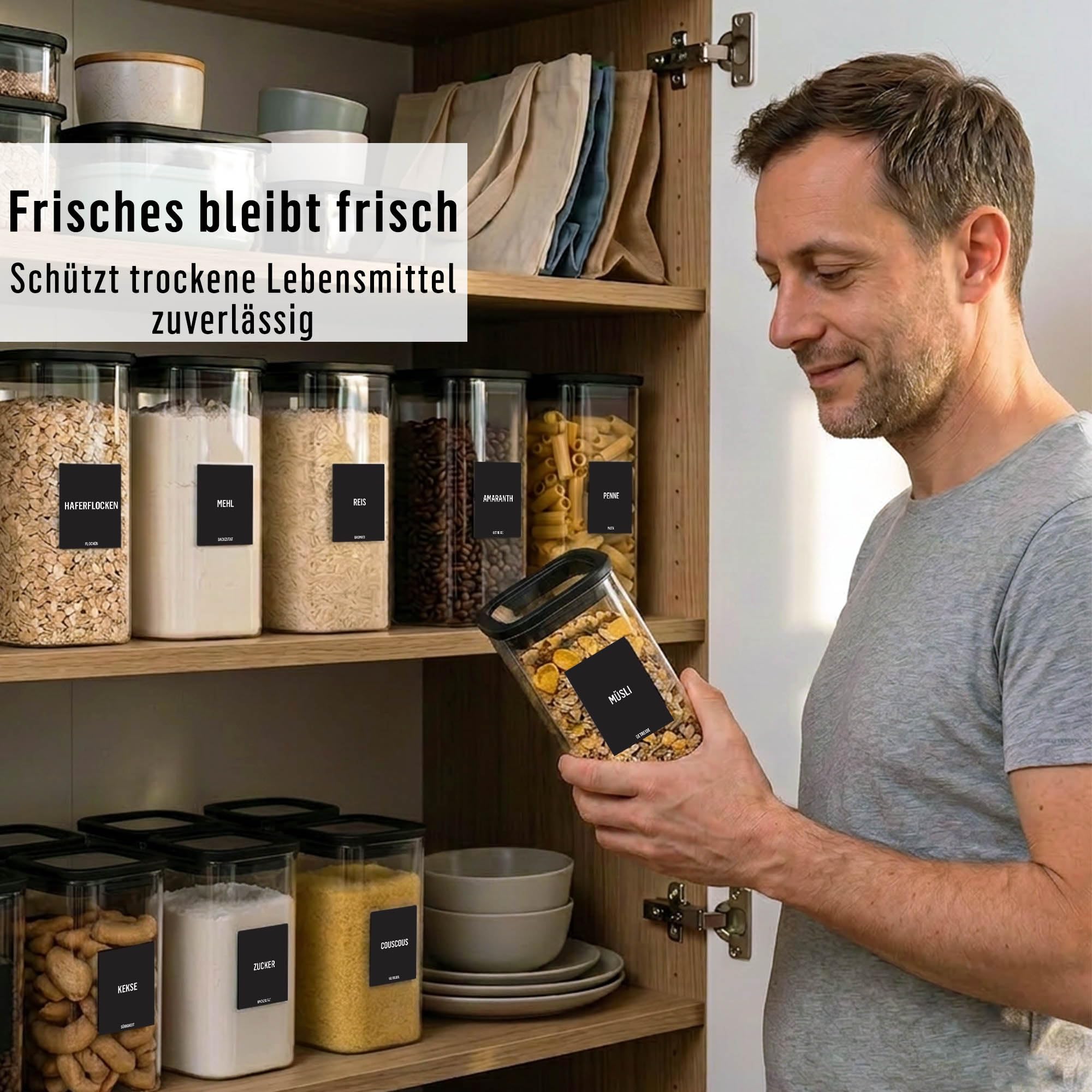 Deco haus Vorratsgläser Eckig mit Glasdeckel 6er-Set 1600 ml [+ Etiketten] | Vorratsdosen glas 6x1600ml - Nudeln, Müsli, Mehl Aufbewahrungsgläser - Glasbehälter & Töpfe - Vorratsbehälter Glas