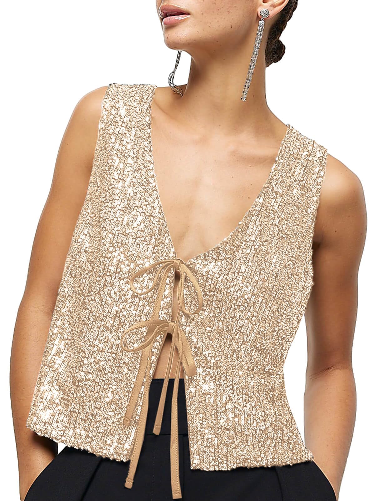 Imily Bela Womens Sequin Vest Sleeveless V Neck Tie Front Sparkly Party Waistcoat