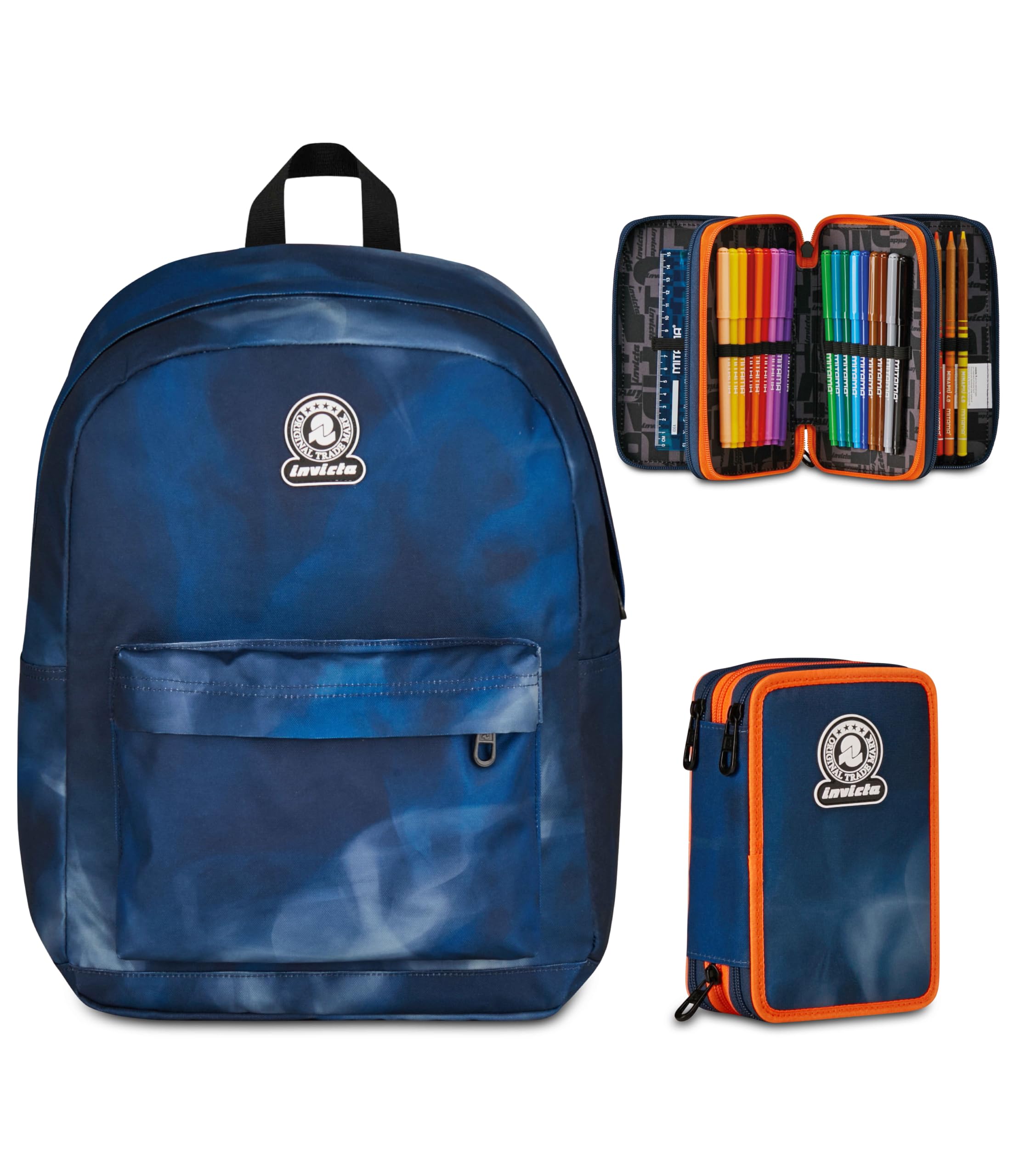 Invicta Zaino Ollie, Doppio Scomparto, Smoky Blue, Ragazze e Ragazzi, blu/arancione + Astuccio 3 Zip, Completo di Matite e colori, Elementari, Medie, Superiori, Smoky Blue, blu/arancione