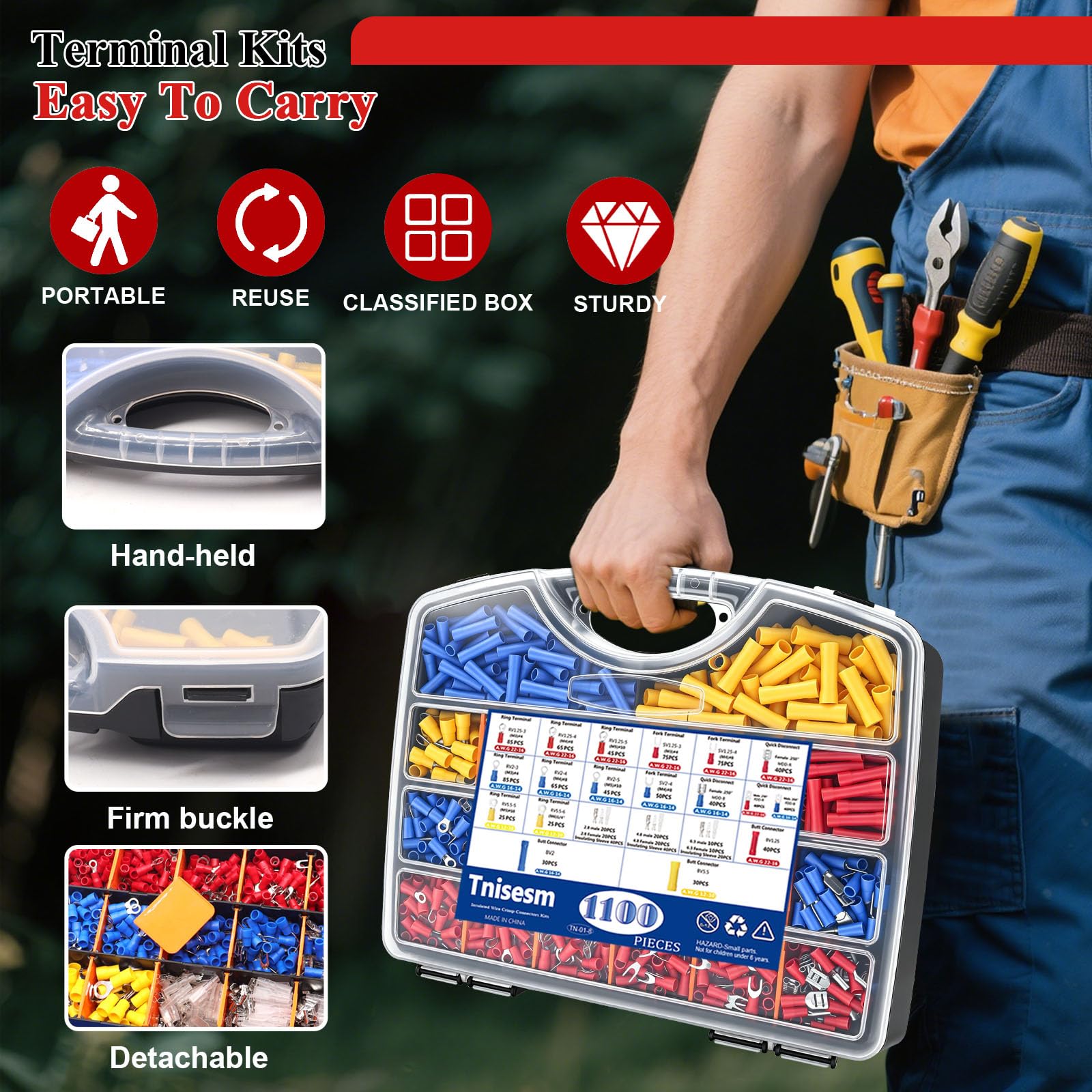 Tnisesm 1100 connettori per cavi, terminali isolati per cavi elettrici con crimpatura/spellatura/taglio, strumento di crimpatura multifunzione 22-10AWG, kit di connettori ad anello, testa a vanga