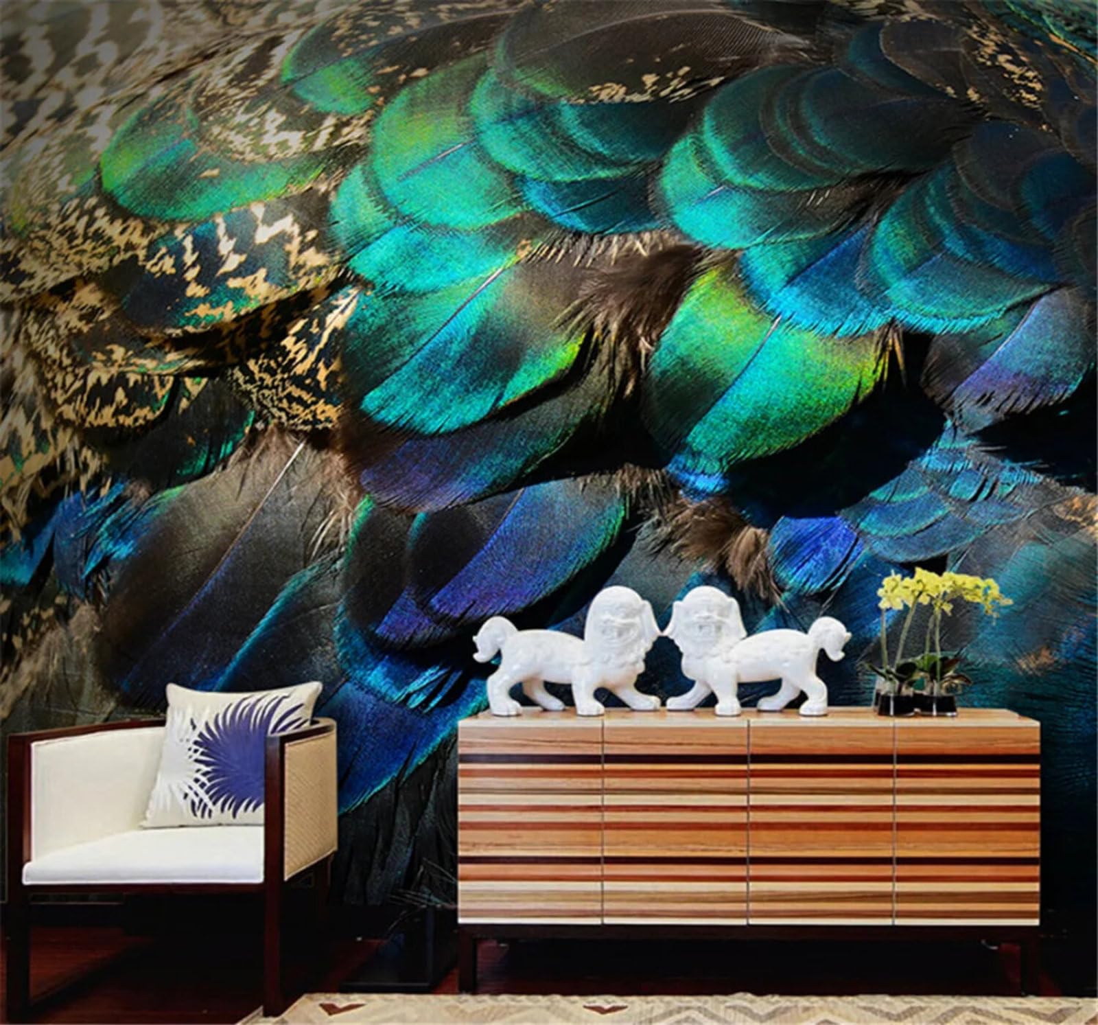 Tzxztt Abstract Three Dimensional Beautiful Peacock Feathers Modern 3D Wallpaper Premium Textured Silk Neutral Tones Material Ideal for Living Room Bedroom-350cm×256cm