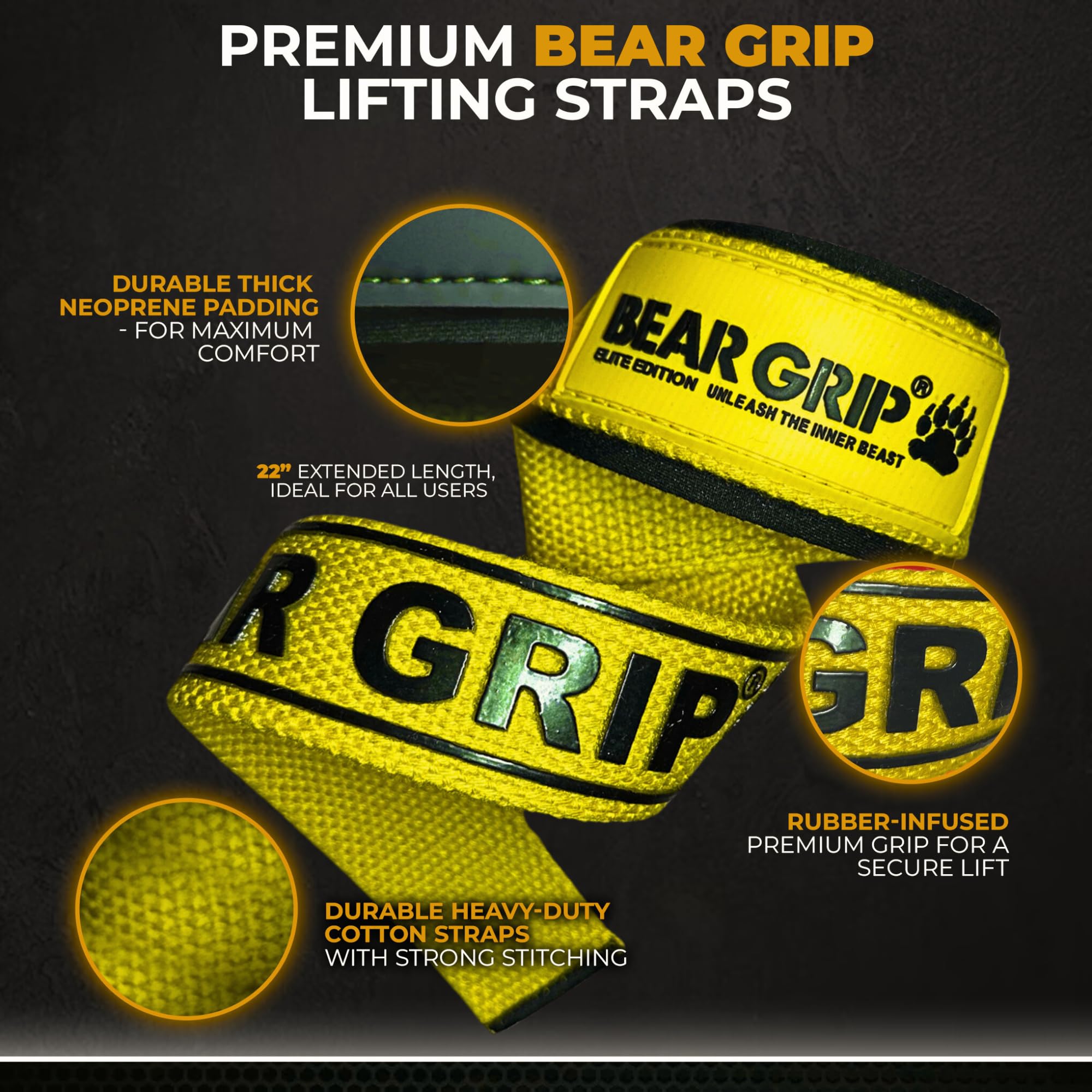 BEAR GRIP Straps, Premium Neoprene padded Heavy Duty double stitched weight lifting gym straps, Gel grip, 100% cotton - Image 3