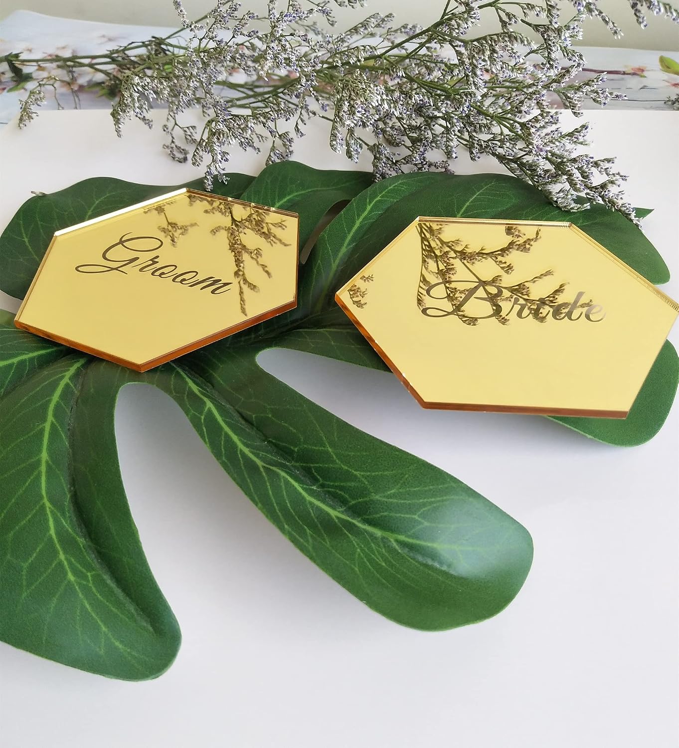 Bride and Groom Acrylic Mirrored Hexagon Place Cards, Geometric Bride and Groom Table Setting,Wedding Place Cards, Bride and Groom Set (Gold Mirror)