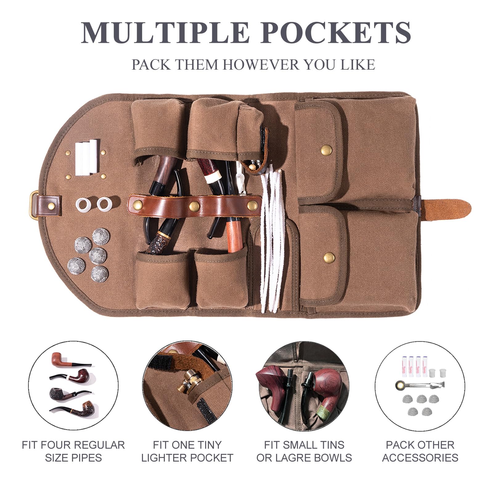 Amazon.com: MrPyer Waxed Canvas 4 Pipe Tobacco Pouch, Smoking Pipe Case  Accessories Organizer, Durable Foldable Travel Bag with Leather Stand :  Health & Household