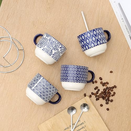 Miniatura 3 de Selamica Juego de tazas de café de cerámica, apilables de 14 onzas, tazas grandes de capuchino de porcelana con cucharas y estante de soporte,