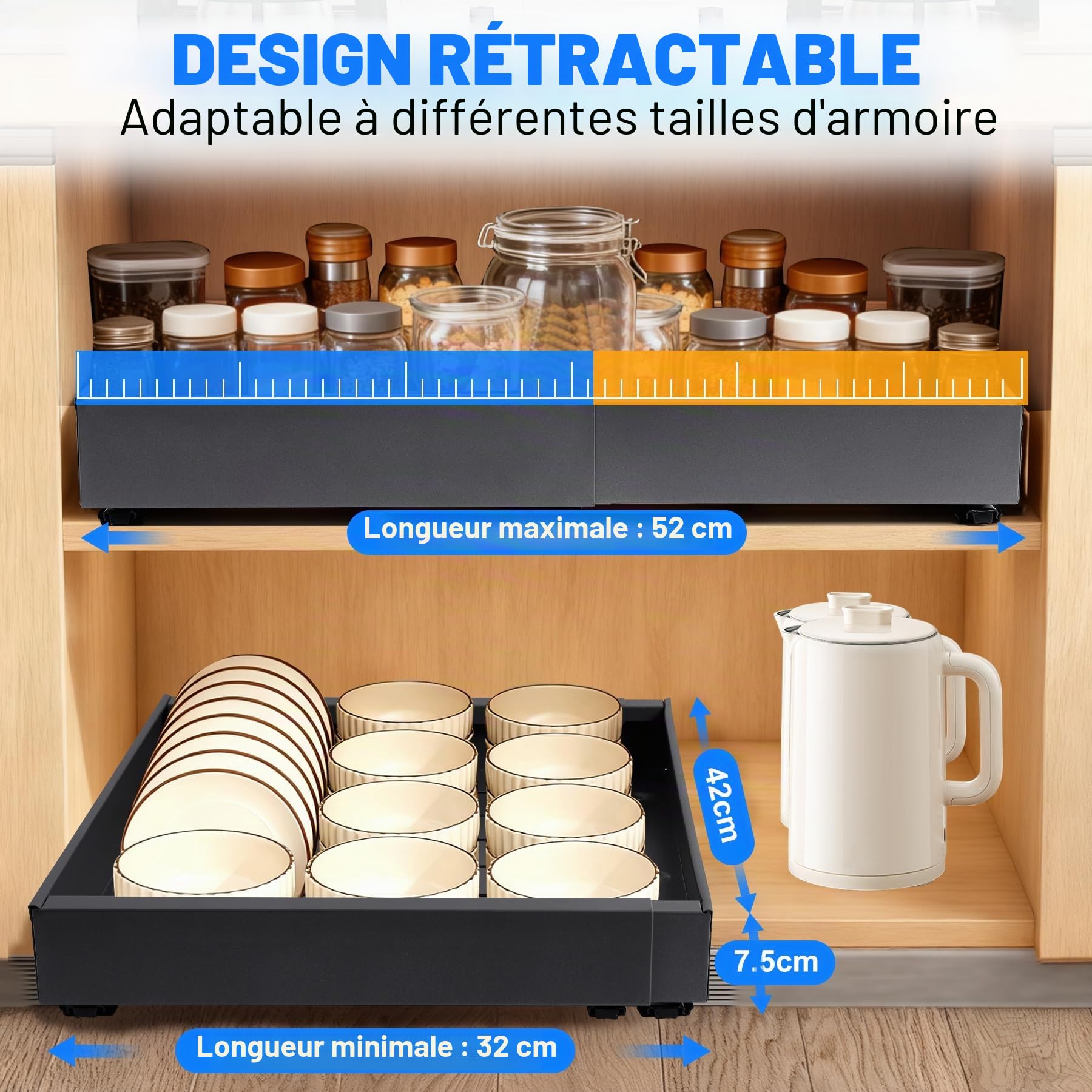 2PCS Tiroir Coulissant Cuisine Adhesif, Rangement Coulissant Placard Cuisine Avec 3 Guides Coulissants Autocollants, Sans perçage, Salle de Bain