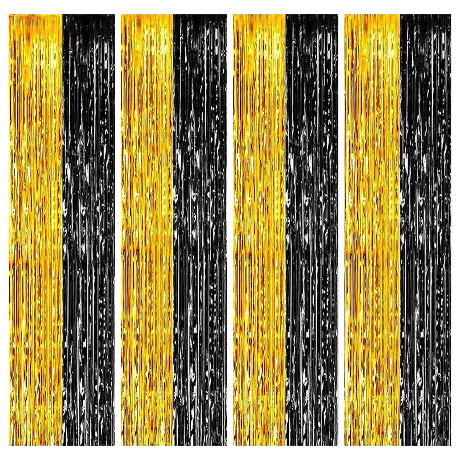 4pcs Black Gold Foil Curtain, 3.2ft x 6.5ft Black Gold Tinsel Curtains, Metallic Tinsel Streamers Backdrop, Laser Glitter Party Curtain, Tinsel Foil Fringe Curtains, Glitter Party Curtain For Party