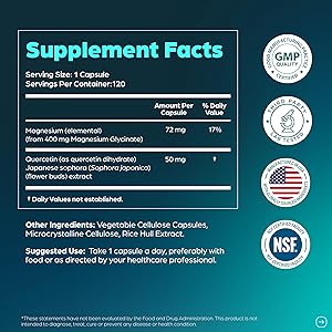 Magnesium Glycinate 400mg High Absorption Capsules with Quercetin | Quality Sleep, Relaxation & Muscle Health Supplement for Women and Men | Chelated Magnesium 120 Count (Pack of 1) | Easy to Swallow