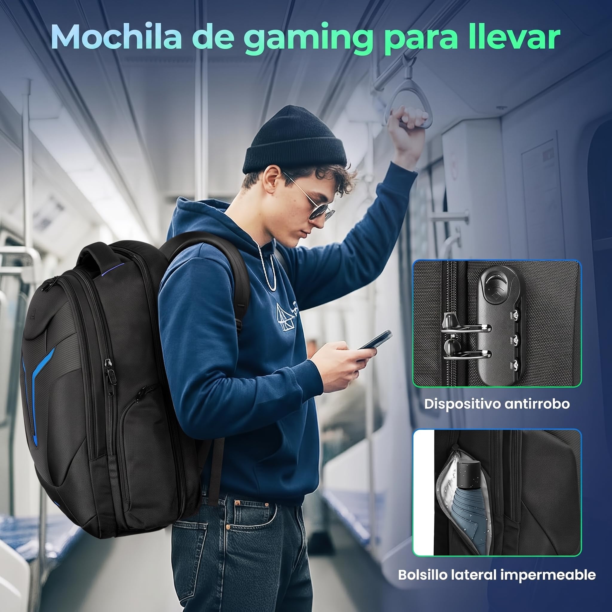MATEIN Mochila Gaming Antirrobo Hombre, Mochila Portátil 18 Pulgadas | Cerradura con Código Mochila Hombre Trabajo, Bolsillo Oculto, Funda Impermeable Desmontable para Trabajo, Gaming, Negro