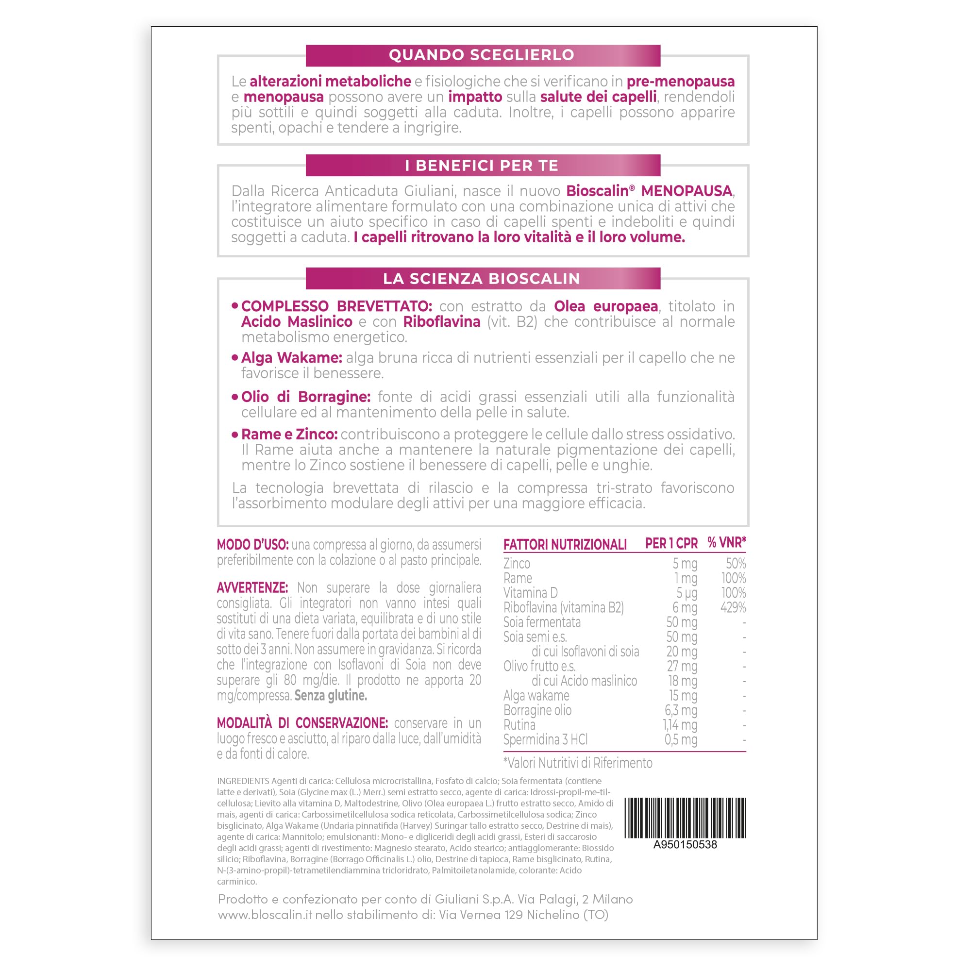 Bioscalin MENOPAUSA - Complemento alimenticio para cabello voluminoso, favorece la fuerza del cabello, uso 2 meses para mujer, sin gluten, 60 comprimidos