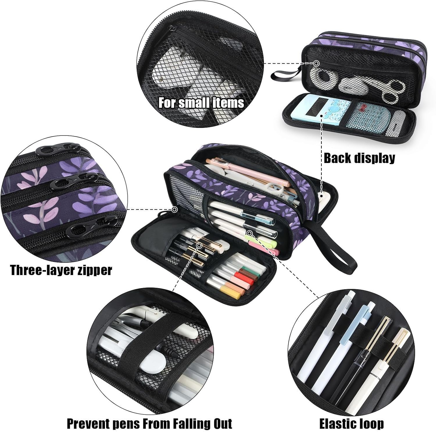 Fustylead Purple Lavender Pencil Pen Case with 3 Compartments, Lightweight & Spacious Stationery Bag Cosmetics Bag - Image 4