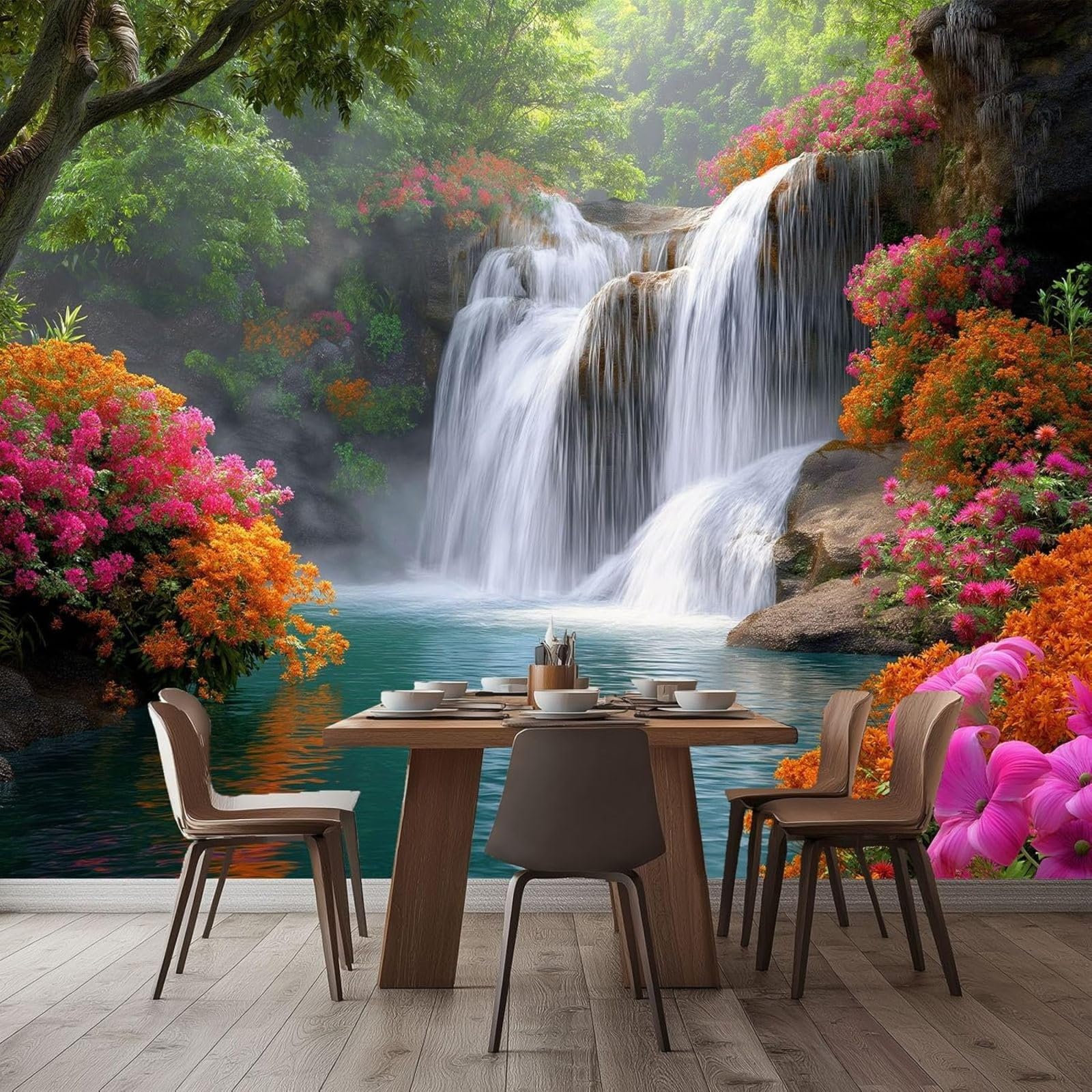 3D Photo Wallpaper Surreal Flowers Forest Waterfall Mural Multicolored, Non-woven Wall Decoration for Bedroom Living Room Sofa Background, 250cm x 175cm Stickers - Frameless Painting - Poster
