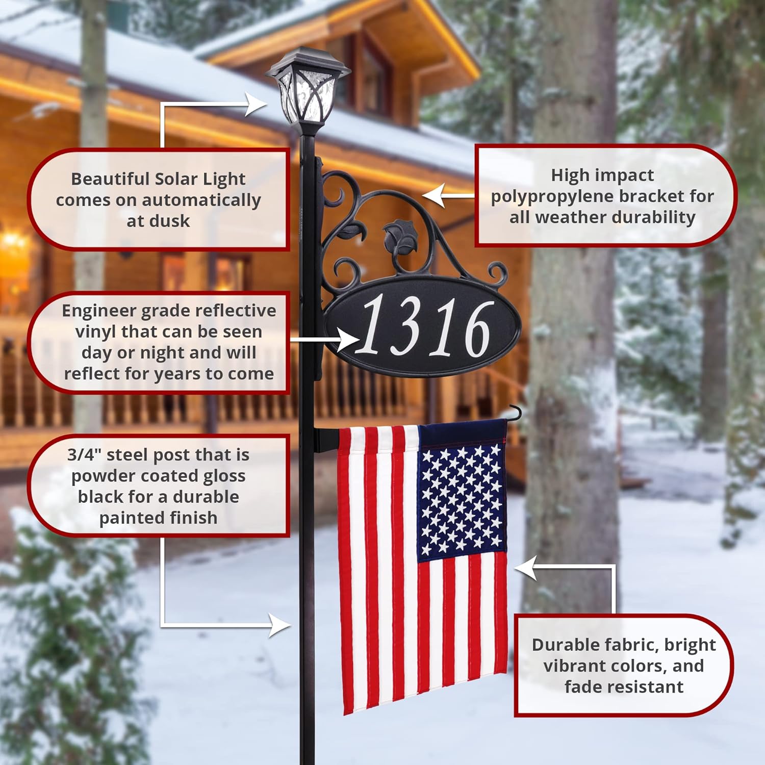 Address America USA Handcrafted Park Place Reflective Address Sign with Decorative American Flag and Solar Light - 47" Pole
