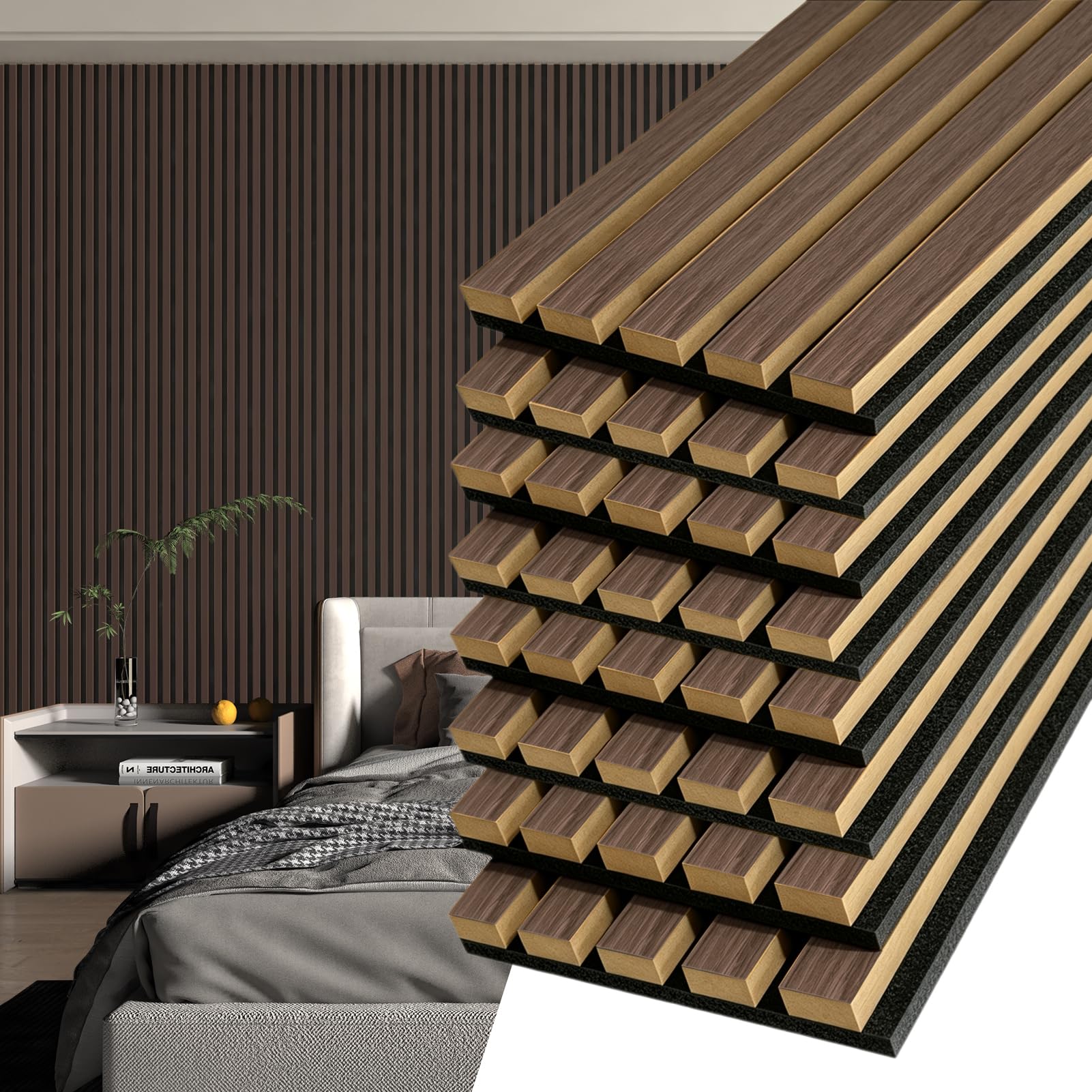 Art3d 8 Pcs Fluted Acoustic Wood Slat Wall Panel, 107 x 8 Inch, Dark Walnut