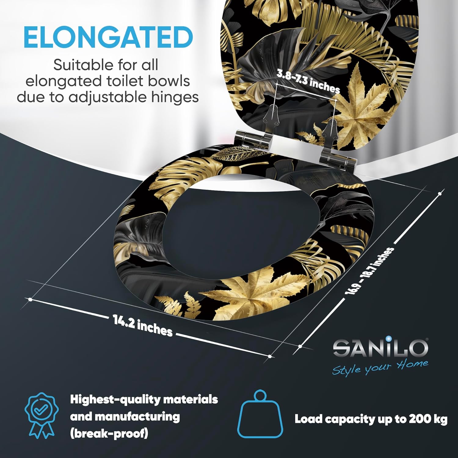 Sanilo Wooden Toilet Seat with Quick Release & Soft Close [ELONGATED] Decorative & Slow Close Molded Wood Seat, Small Bathroom Trash Can with Lid 1.3 Gallon, Lidded Tiny Trashcan (Golden Leaves)