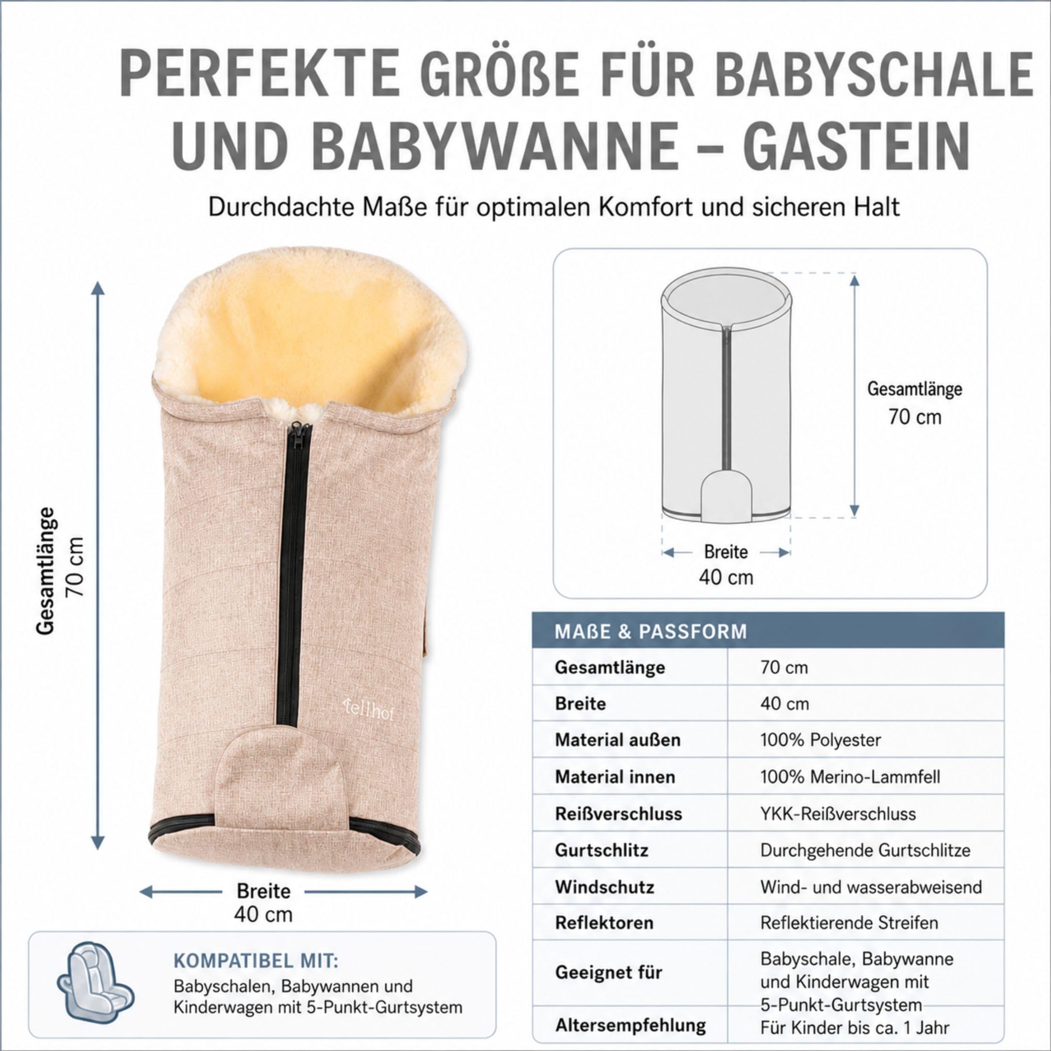 Fellhof Fußsack Babyschale Gastein, Einschlagdecke | Kinderhaus Blaubär: für Babywanne & Neugeborene, 100% Merino-Lammfell, atmungsaktiv & waschbar