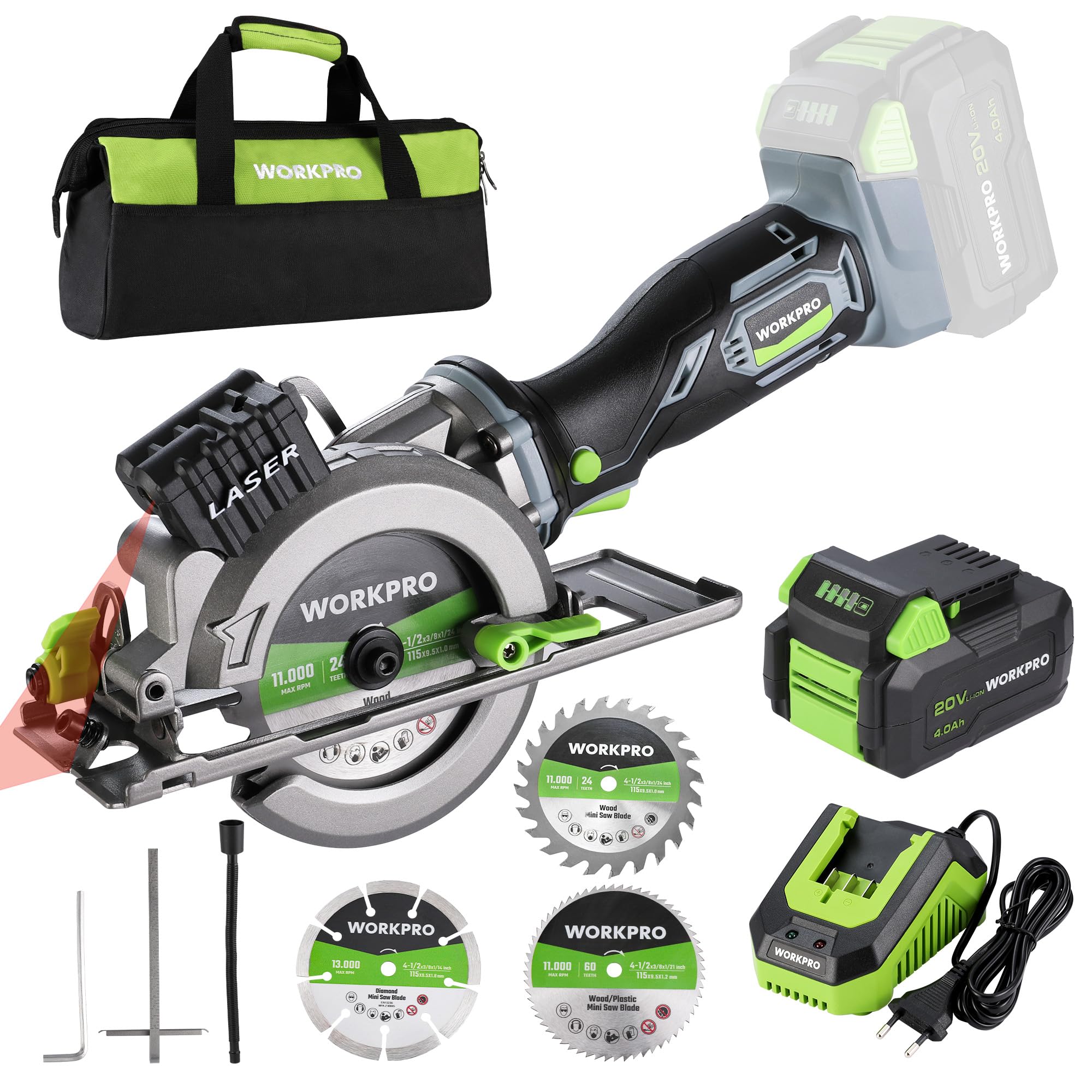 WORKPRO Mini Sierra Circular 20V 4.0Ah, 3500RPM Ø115mm | Incluye Cargador y Bolsa con 3 Discos para Cortar Madera, Metal, PVC, Plástico y Azulejos