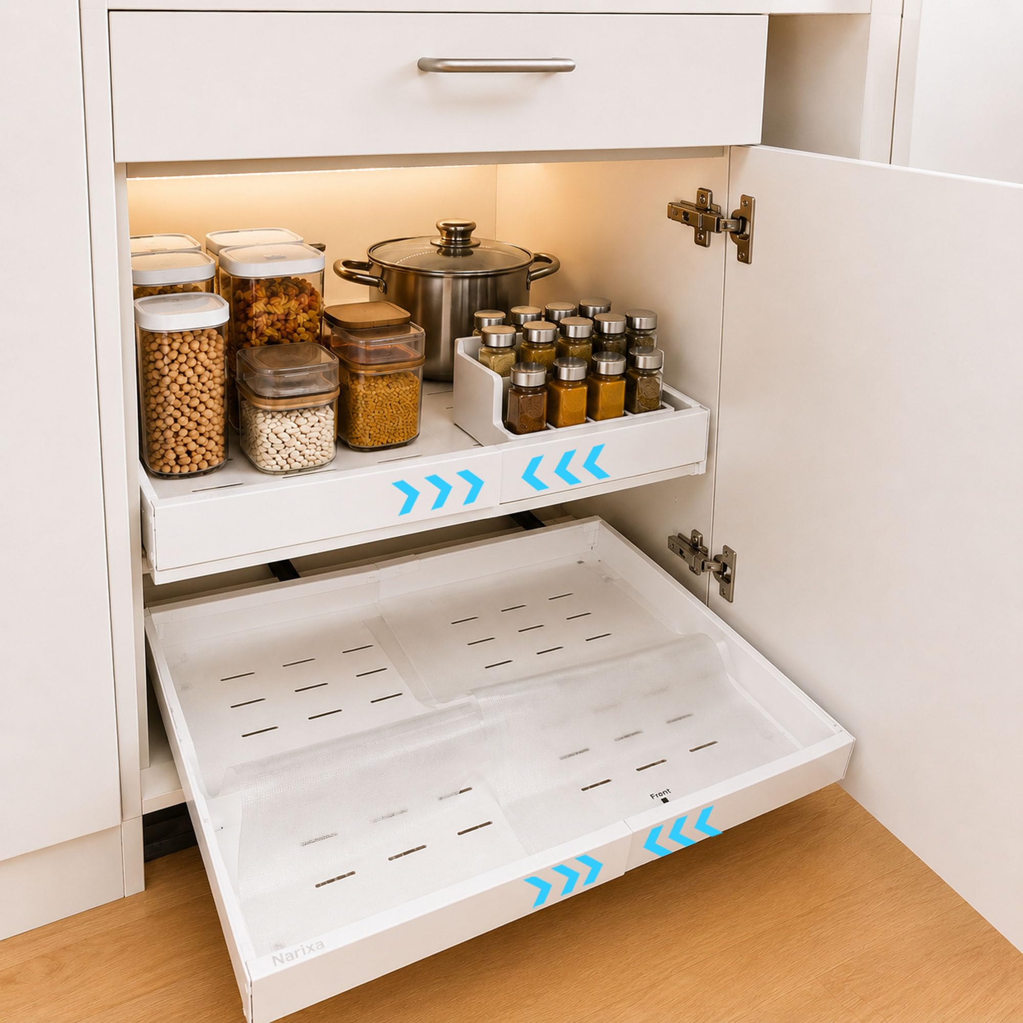 Teleskopschublade Ausziehbar 52 cm Tief mit Schutzmatte | 2 Stück, 32–52 cm Verstellbar, Schrank Organizer, Ohne Bohren