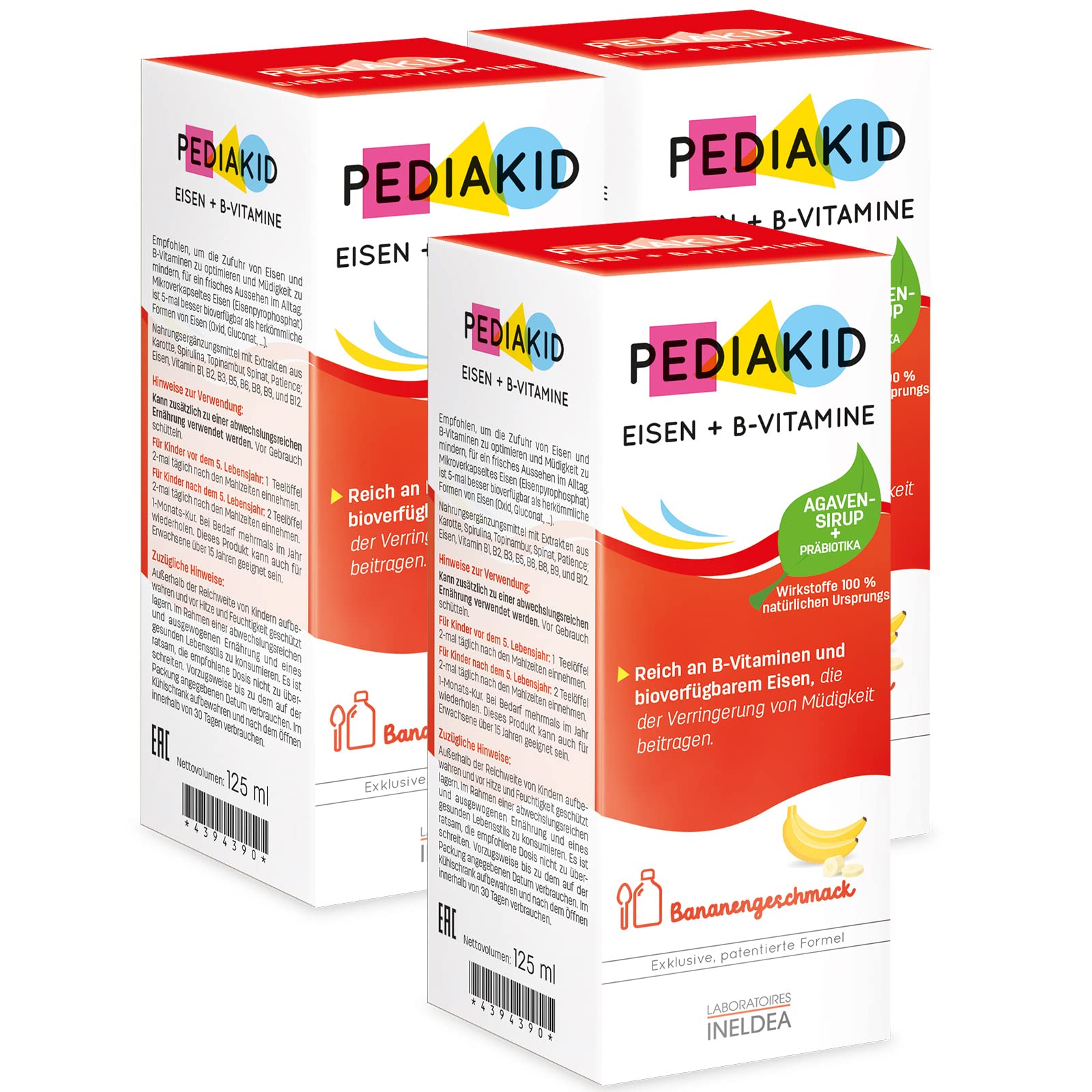 PEDIAKID - Sirup EISEN + B-VITAMINE - Exklusive Formel mit Agavensirup - Optimiert die Eisenaufnahme - Trägt zur Verringerung von Müdigkeit bei - Packung mit 3 Flaschen 125ml