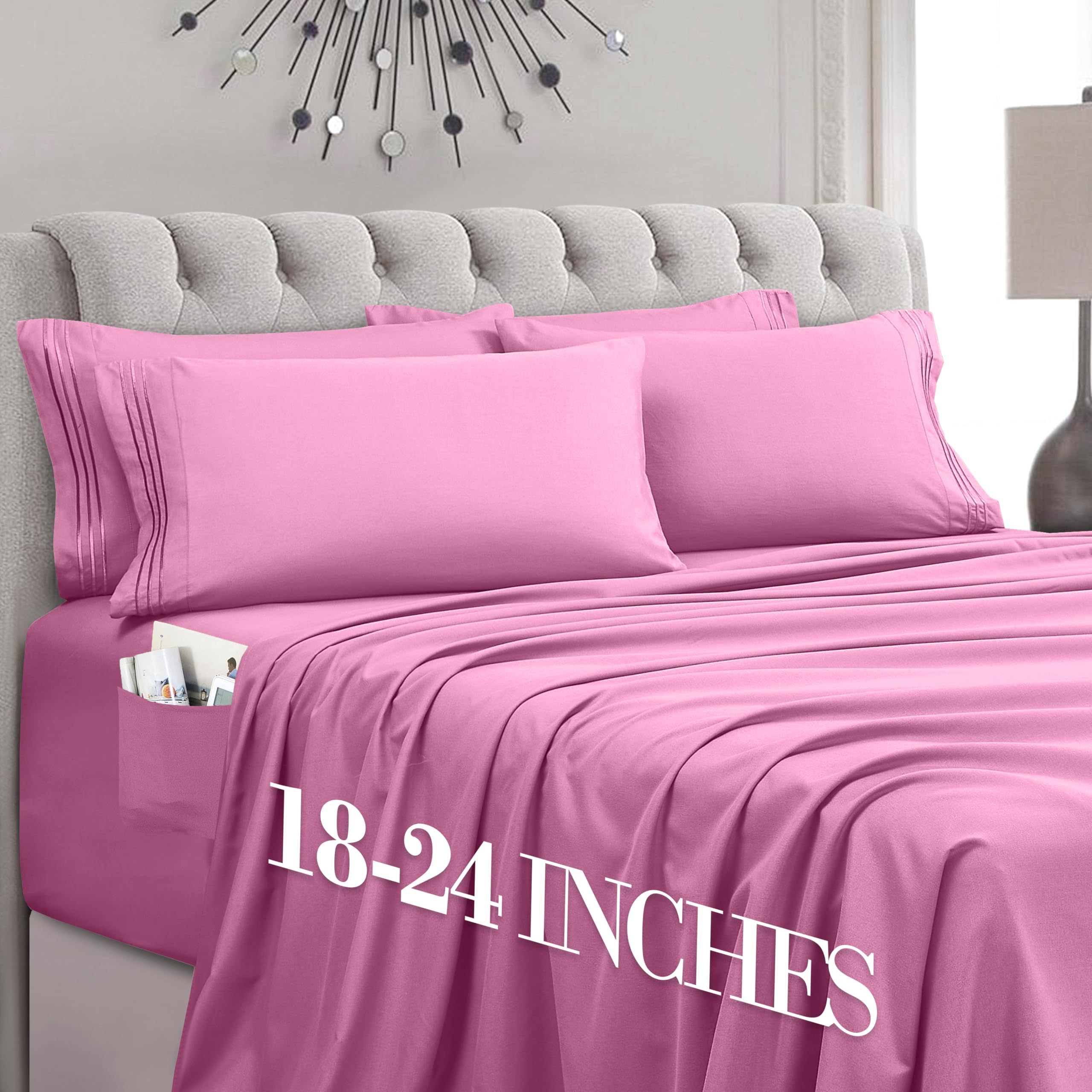 Mocassi Luxury 6-Piece Sheet Set, Ultra Soft 1800 Premium Hotel Quality Microfiber Sheet Set, Fits Mattresses Up to 18 to 24 Inches Extra Deep Pocket - Breathable and Secure Fit, Cal King, Light Pink