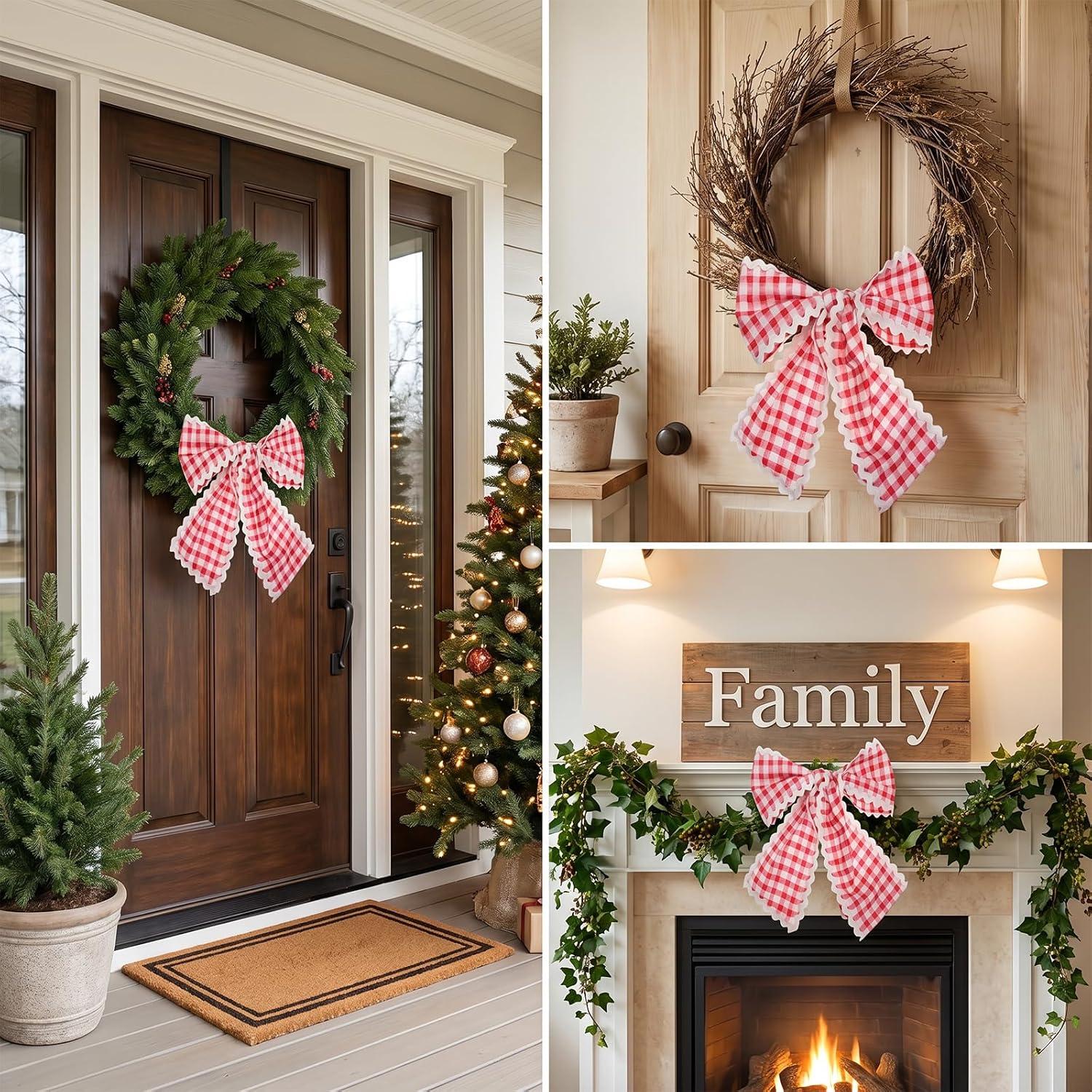 2Pcs Wreath Sash for Front Door, Red White Plaid Wreath Sash with Wavy Trim | 54.33 x 5.1 Inch Red White Front Door Wreath Sash for Wedding Birthday Christmas Valentines Fourth of July Home Decor