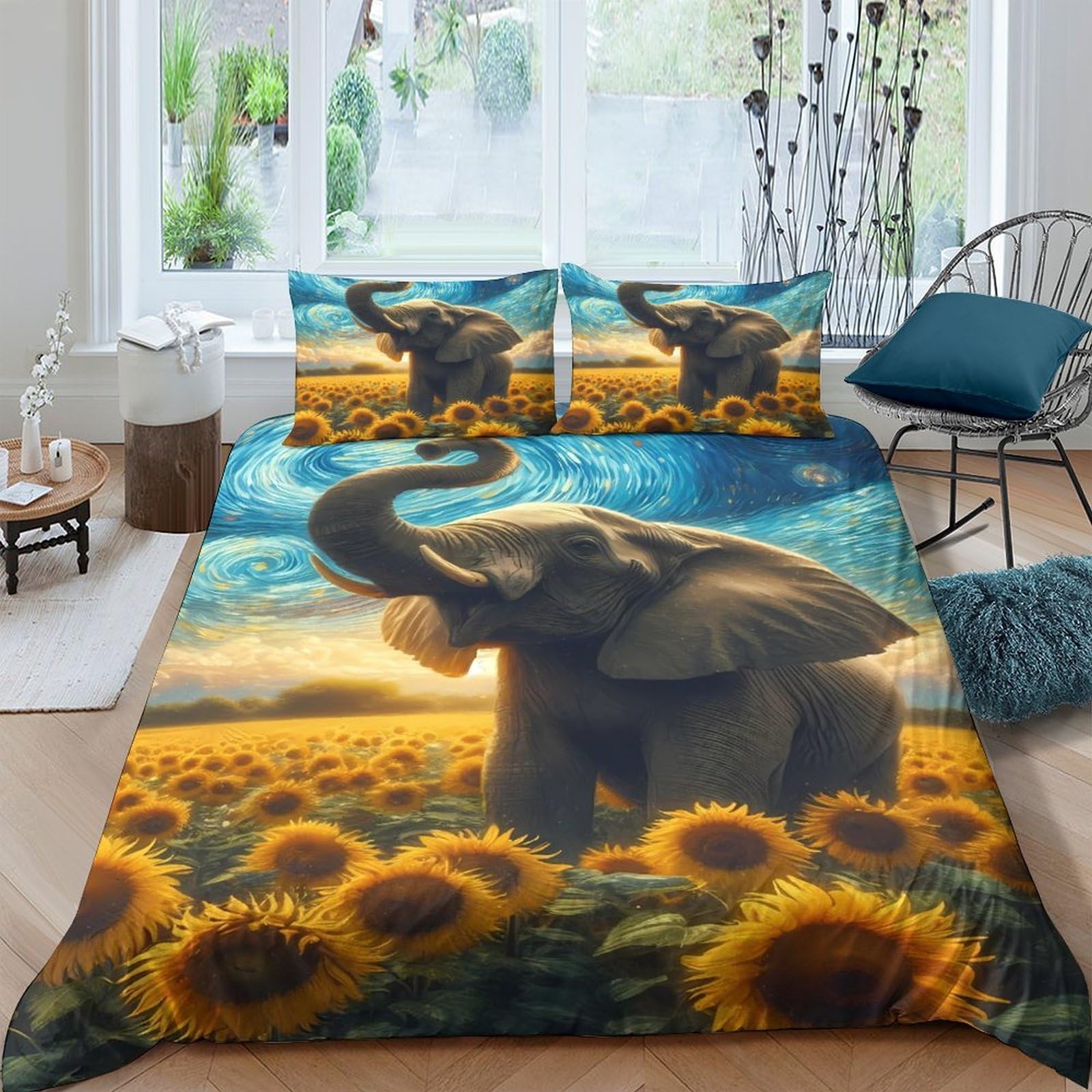 GPLZQXKJNH 3D Printed Elephant Sunflower Duvet Cover Set Microfiber Soft Breathable Bedding Set with 2 Pillowcases for Bedroom Decor Single（135x200cm）