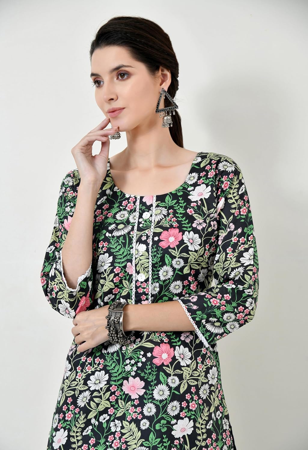 Pure Cotton Floral Print Kurti for Women, Round Neck Tunic Design, Short Kurta for Jeans - Image 7