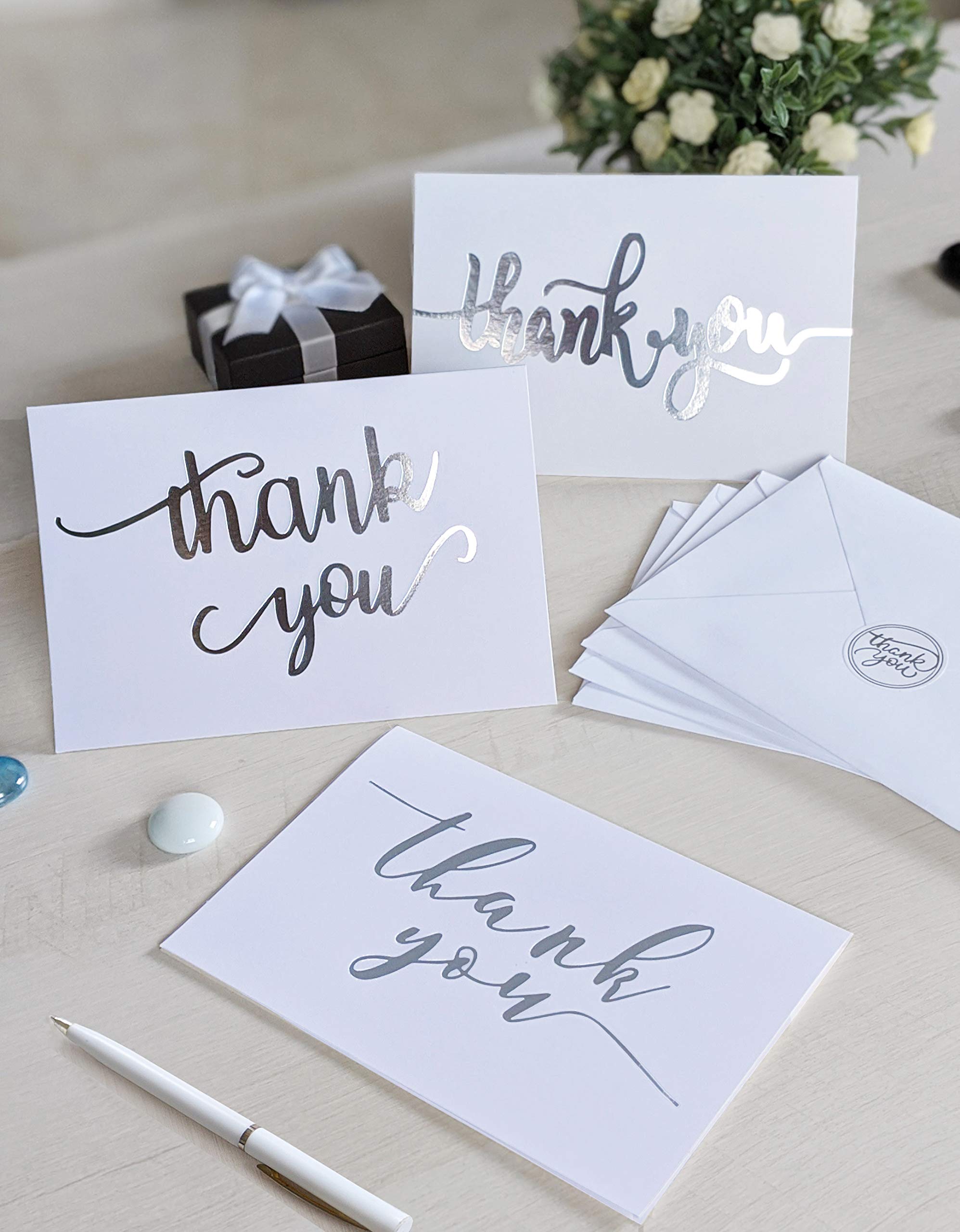 110 elegantes tarjetas de agradecimiento en blanco con sobres y calcomanías, notas a granel en relieve con letras de lámina dorada para bodas, graduaciones, compromisos, negocios, formal, baby shower,