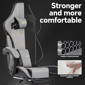 Gaming Chair, Ergonomic Gaming Chair, Computer Chair with Headrest and Lumbar, Racing Computer Chairs, Height Adjustable Rotating PC Chairs, Grey Black