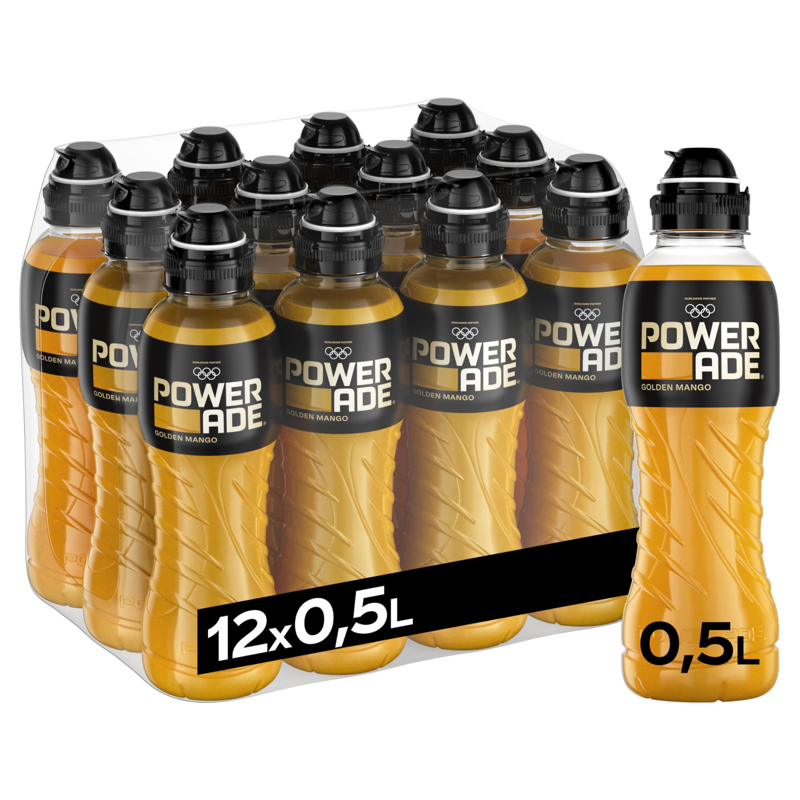 Powerade Sports Golden Mango, kalorienarmes Sport Getränk mit Mango-Geschmack, mit Elektrolyten, Sport Drink in stylischen Einweg Flaschen, 500 ml (12er Pack)