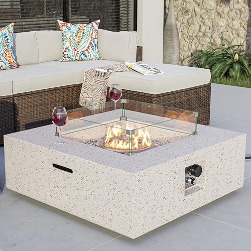 COSIEST Outdoor Propane Square Fire Pit Table, Terrazzo White Faux Stone 35-inch Planter Base, 50,000 BTU Stainless Steel Burner, Transparent Gray Fire Glass and Rain Cover, Metal Lid