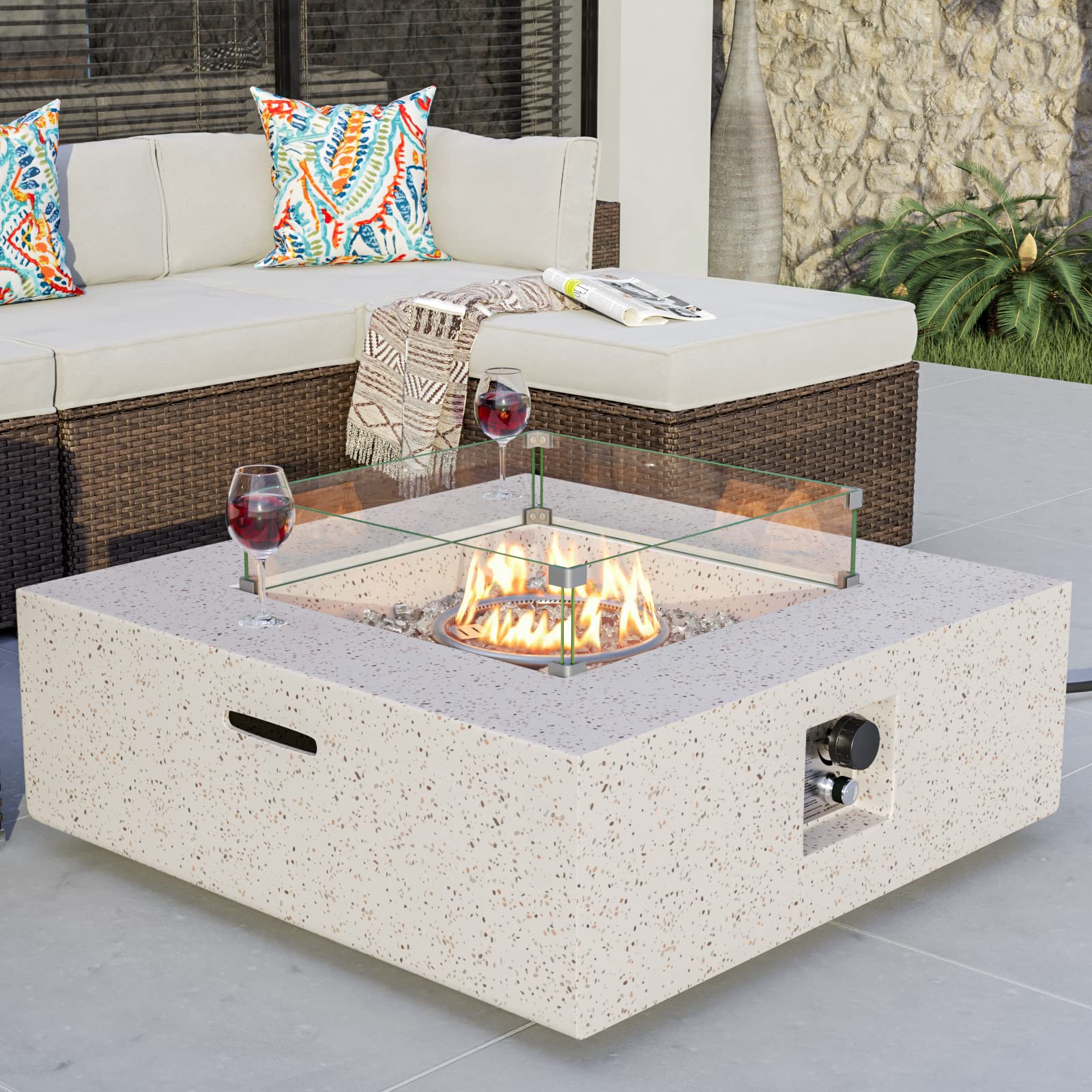 COSIEST Outdoor Propane Square Fire Pit Table, Terrazzo White Faux Stone 35-inch Planter Base, 50,000 BTU Stainless Steel Burner, Transparent Gray Fire Glass and Rain Cover, Metal Lid