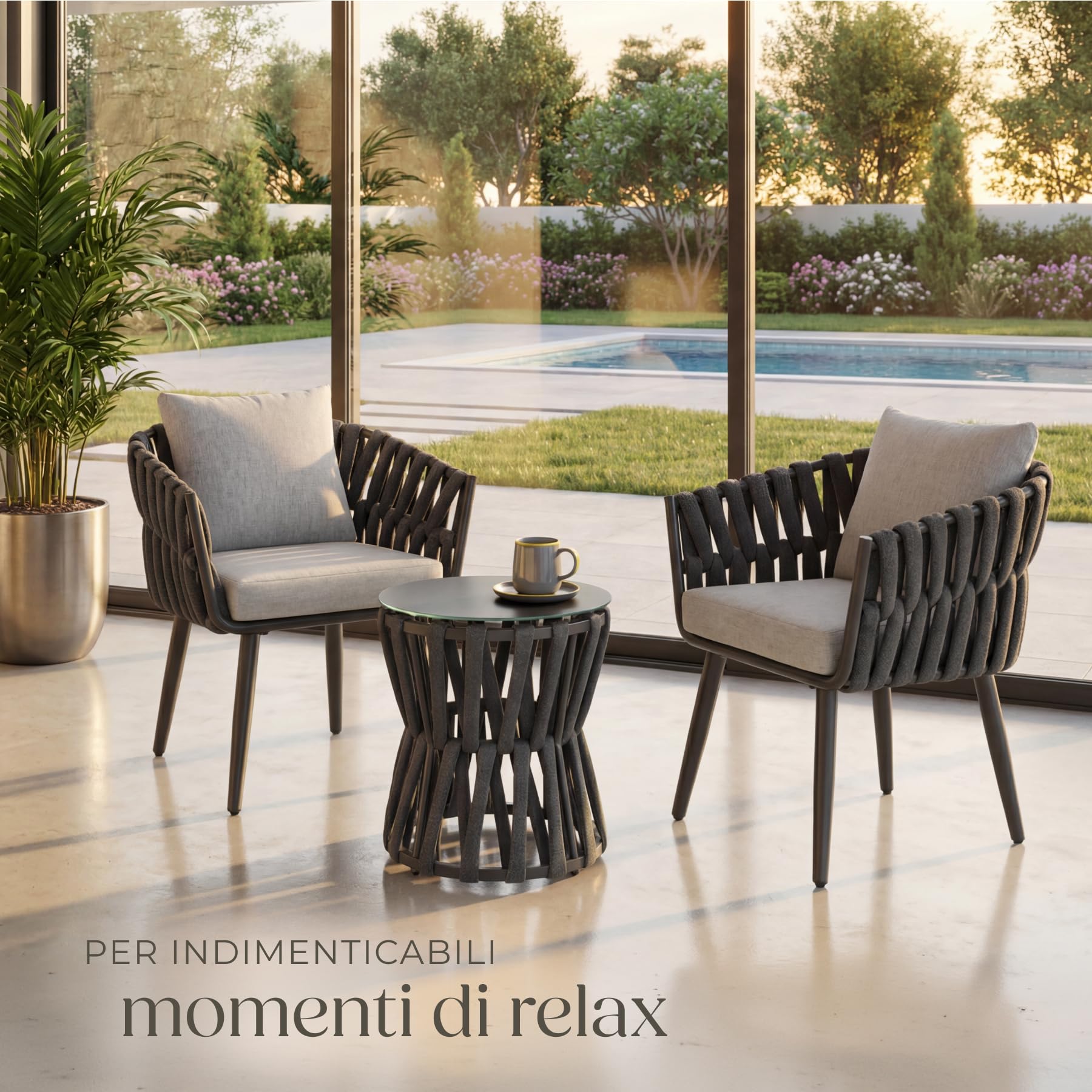 tectake® Set Salotto da Giardino esterno, 2 Sedie, 1 Tavolino da Salotto in vetro, Set Mobili da Esterno in Corda, Tavolo con Sedie Relax, Poltroncina Arredo Giardino, Piscina, Terrazza Balcone - Gray