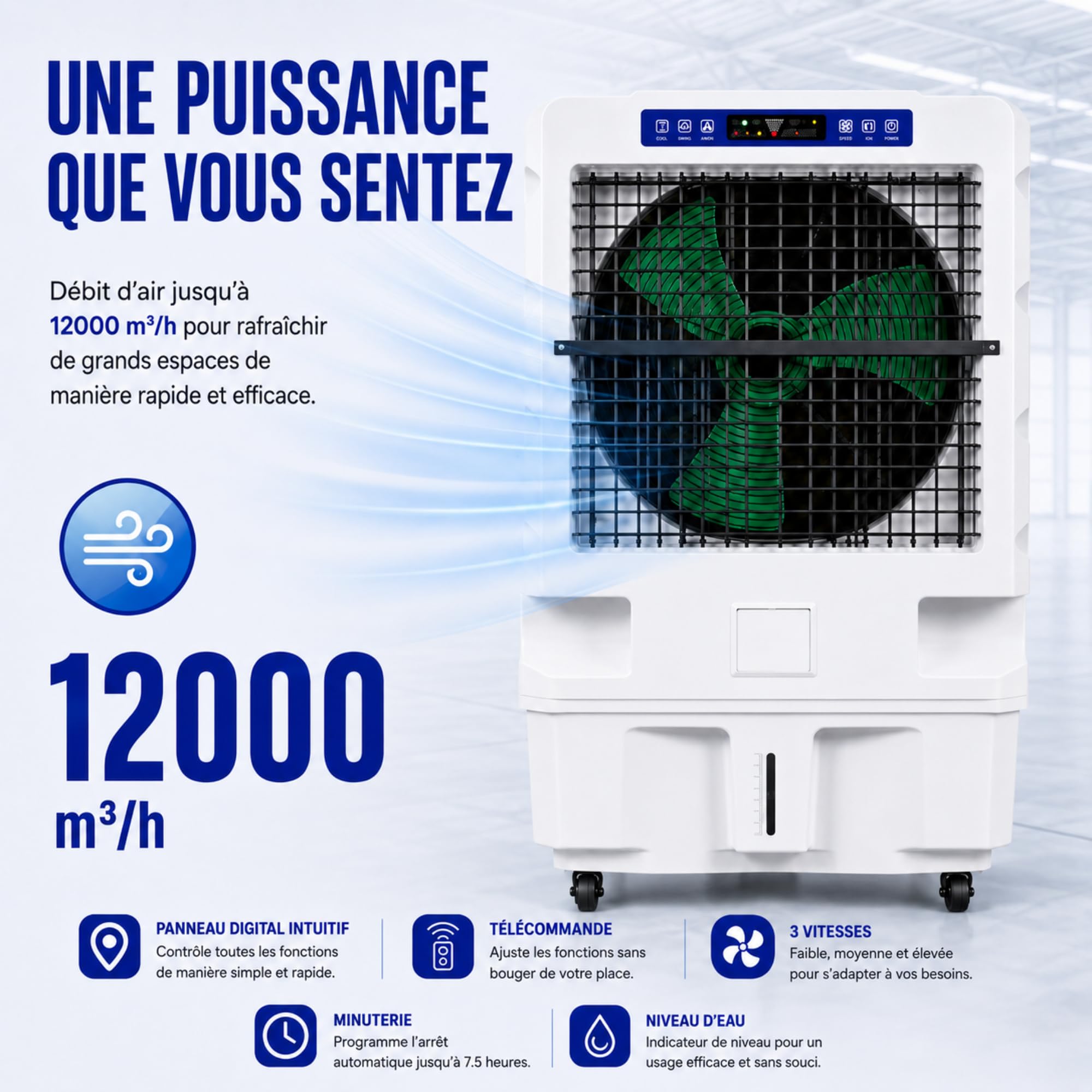 Climatizador Evaporativo Profesional VONALA EOLUS 120 PRO – Enfriador de Aire Portátil, Depósito 50L, Caudal 13000 m³/h, Cobertura 150m², 800W, Industrial Pórtatil, Ideal Terrazas y Hostelería