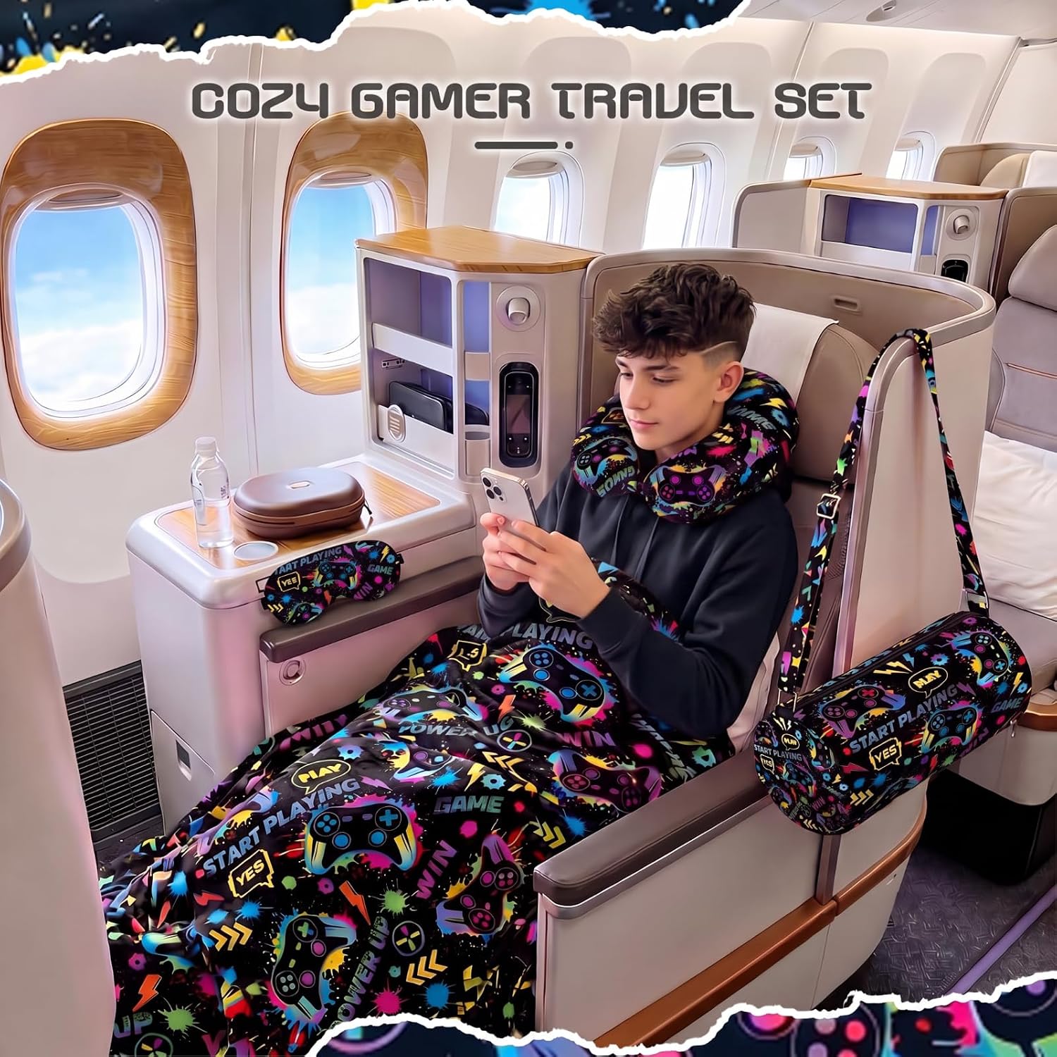 Moukeren 4 Pcs Video Game Travel Pillow and Blanket Set for Kids, Black