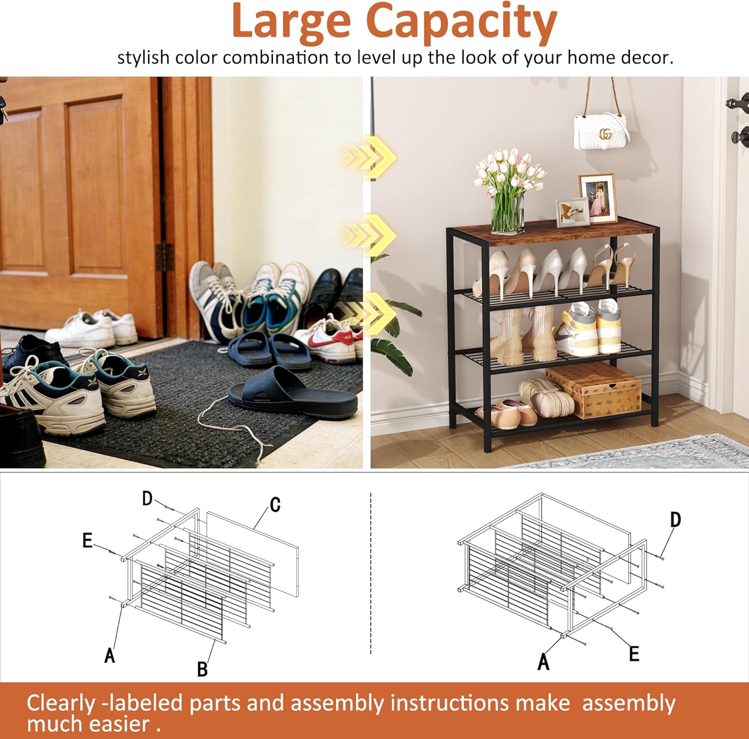 HOMEFORT 4-Tier Shoe Rack Organizer, Shoe Tower for Closet, Shoe Storage Shelf with MDF Top Board, Each Tier Fits 3 Pairs of Shoes, Entryway Shoes Organizer with Sturdy Metal Shelves, Rustic Brown