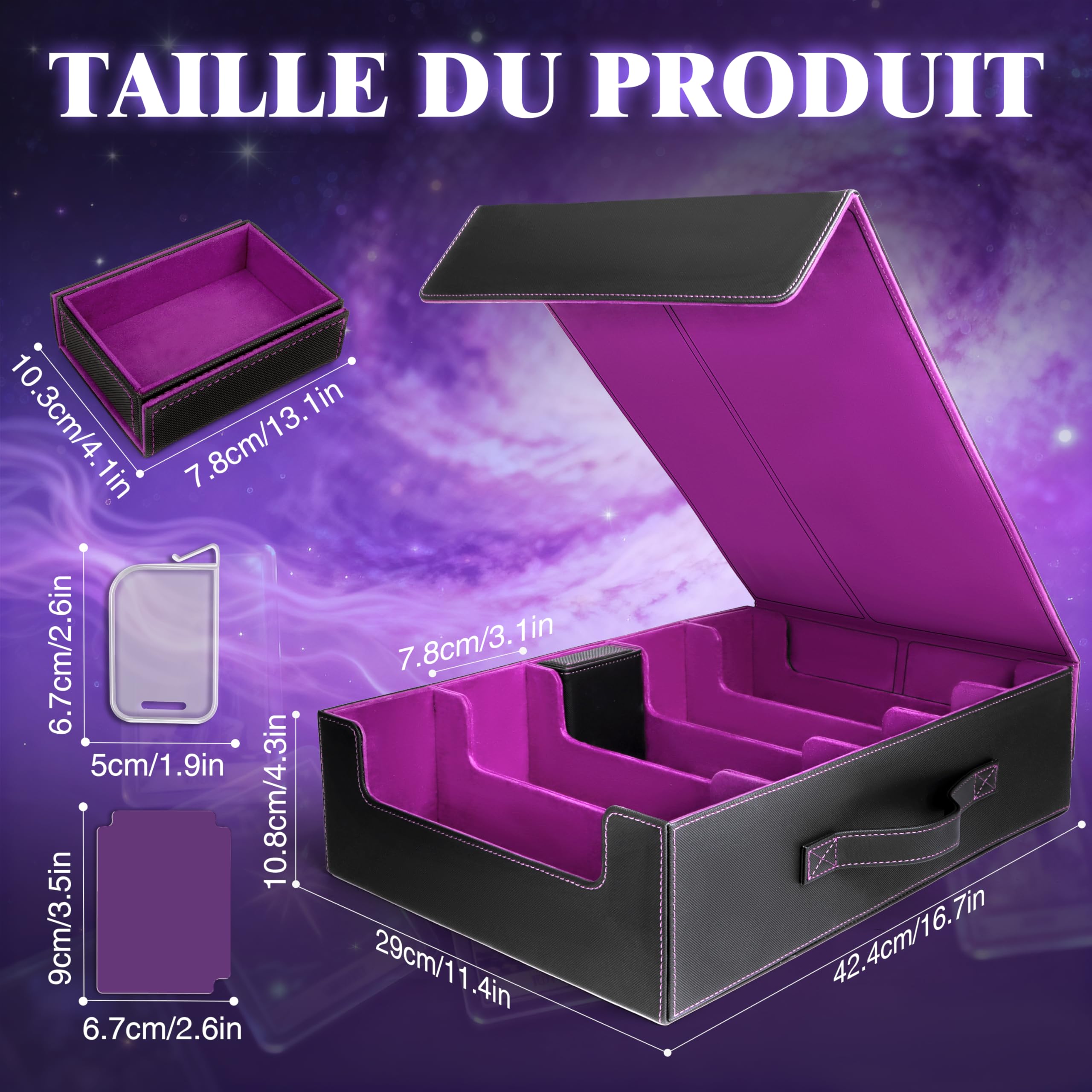 Charmofun Boîte Rangement Carte, Boîte à Cartes pour Plus de 3000+ Cartes Avec 10 Séparateurs, 5 Blocage et Plateau à Dés, Boîte à Rabat Magnétique avec Cuir Pu et Poignée