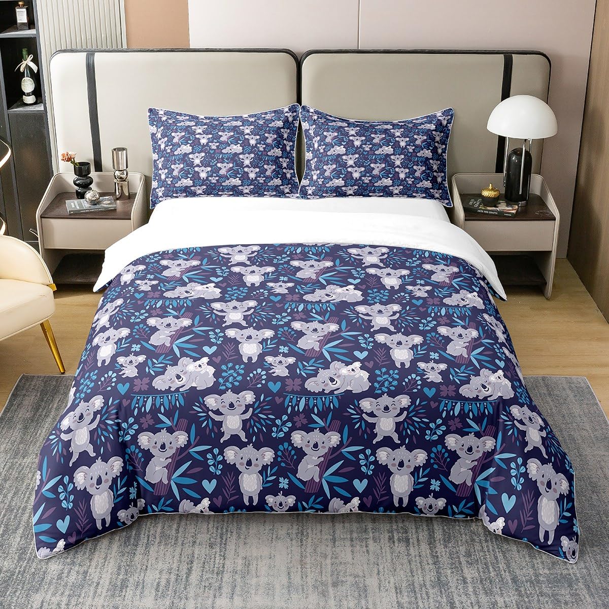 Loussiesd Cartoon Kola Bedding Set Kids Koala Cartoon Koala Bedding Set Room Decor Botanical Branches Duvet Set Navy Blue Double Size Zipper Quilt Cover 3Pcs